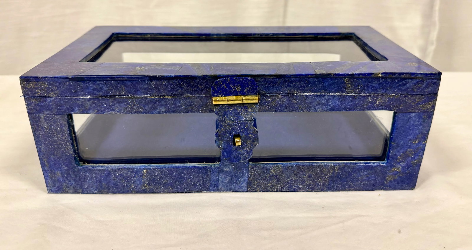 Exquisite Vintage Handcrafted Lapis Lazuli Gemstone and Brass Jewelry Box With Glass Panels - 11