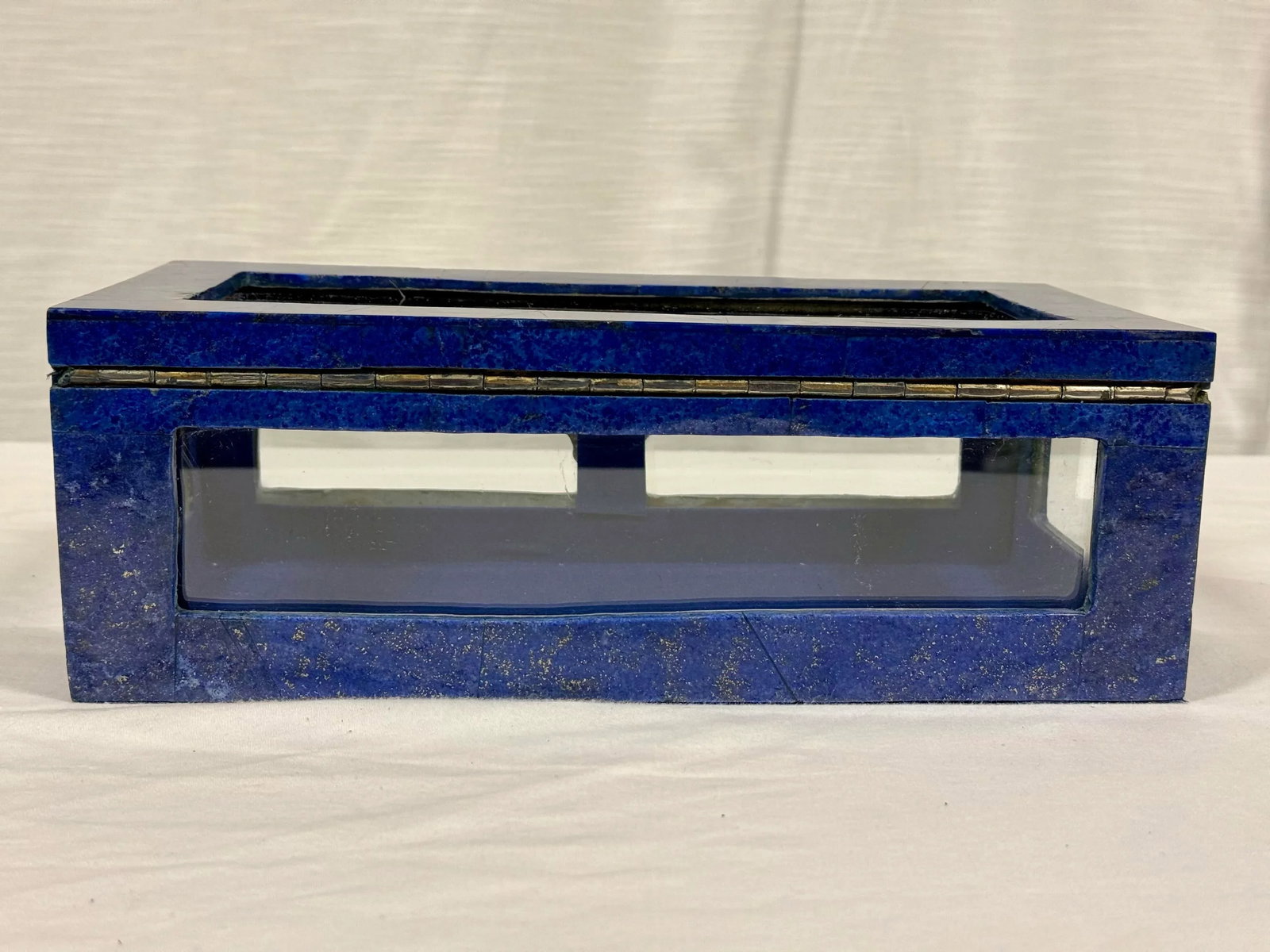 Exquisite Vintage Handcrafted Lapis Lazuli Gemstone and Brass Jewelry Box With Glass Panels - 4