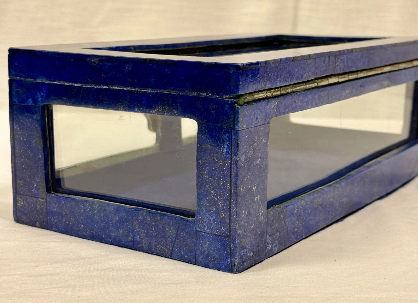 Exquisite Vintage Handcrafted Lapis Lazuli Gemstone and Brass Jewelry Box With Glass Panels - 7