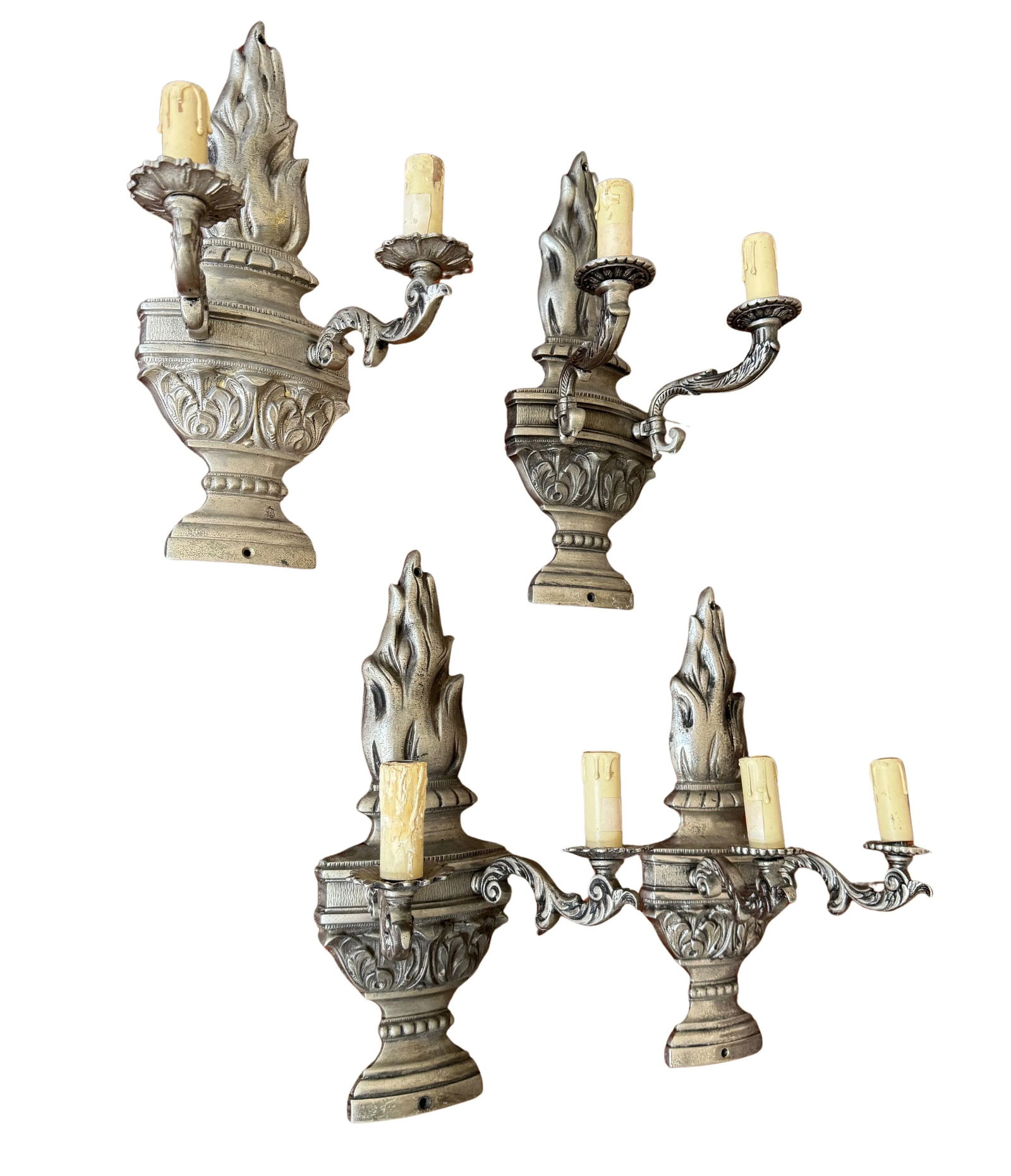 Mid 20th Century Neoclassical Flaming Urn Form Pewter Sconces - Set of Four - 2