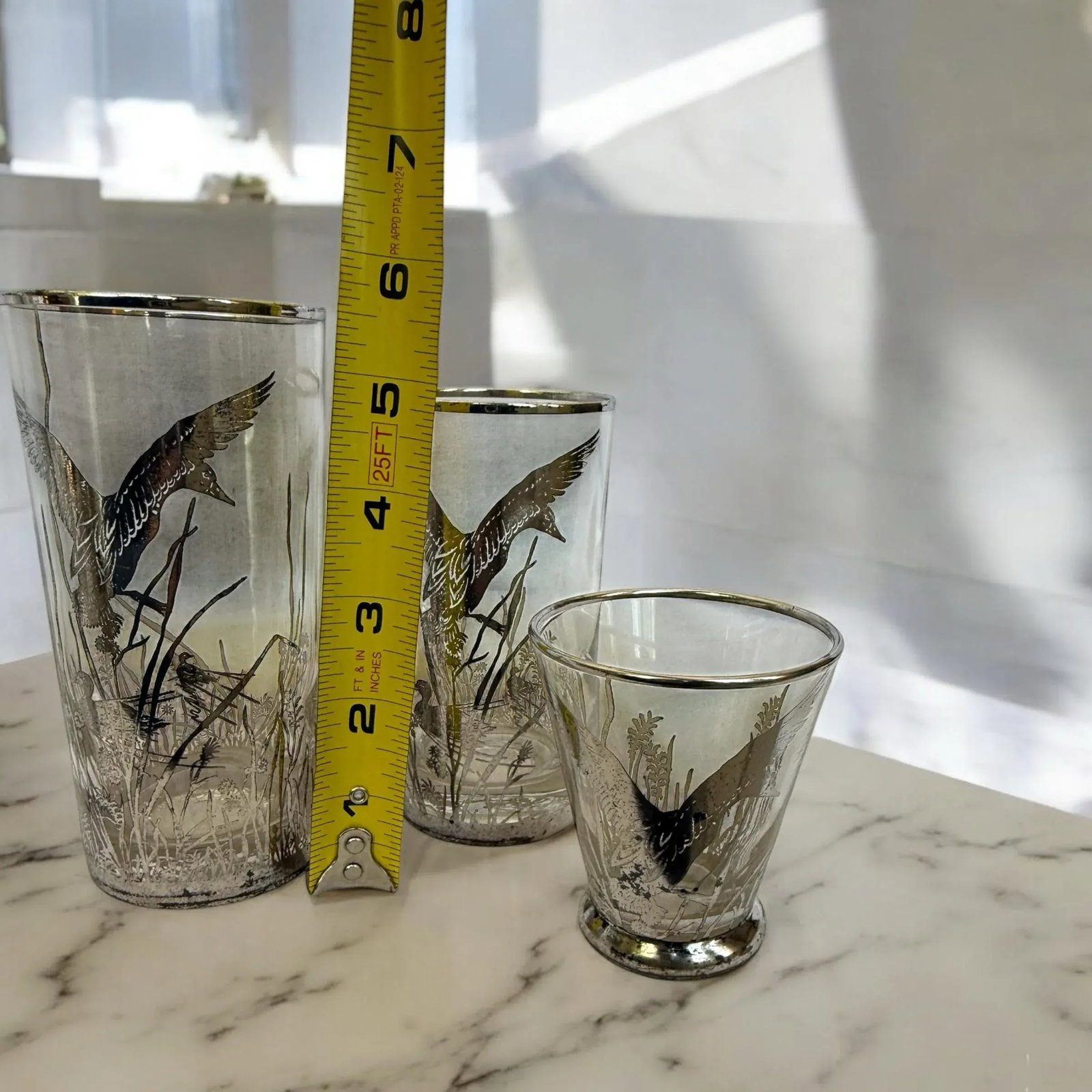 Mid 20th Century Barware Rockwell Silver Glass Ducks & Reeds Sterling Silver Overlay Set of 25 With - 10