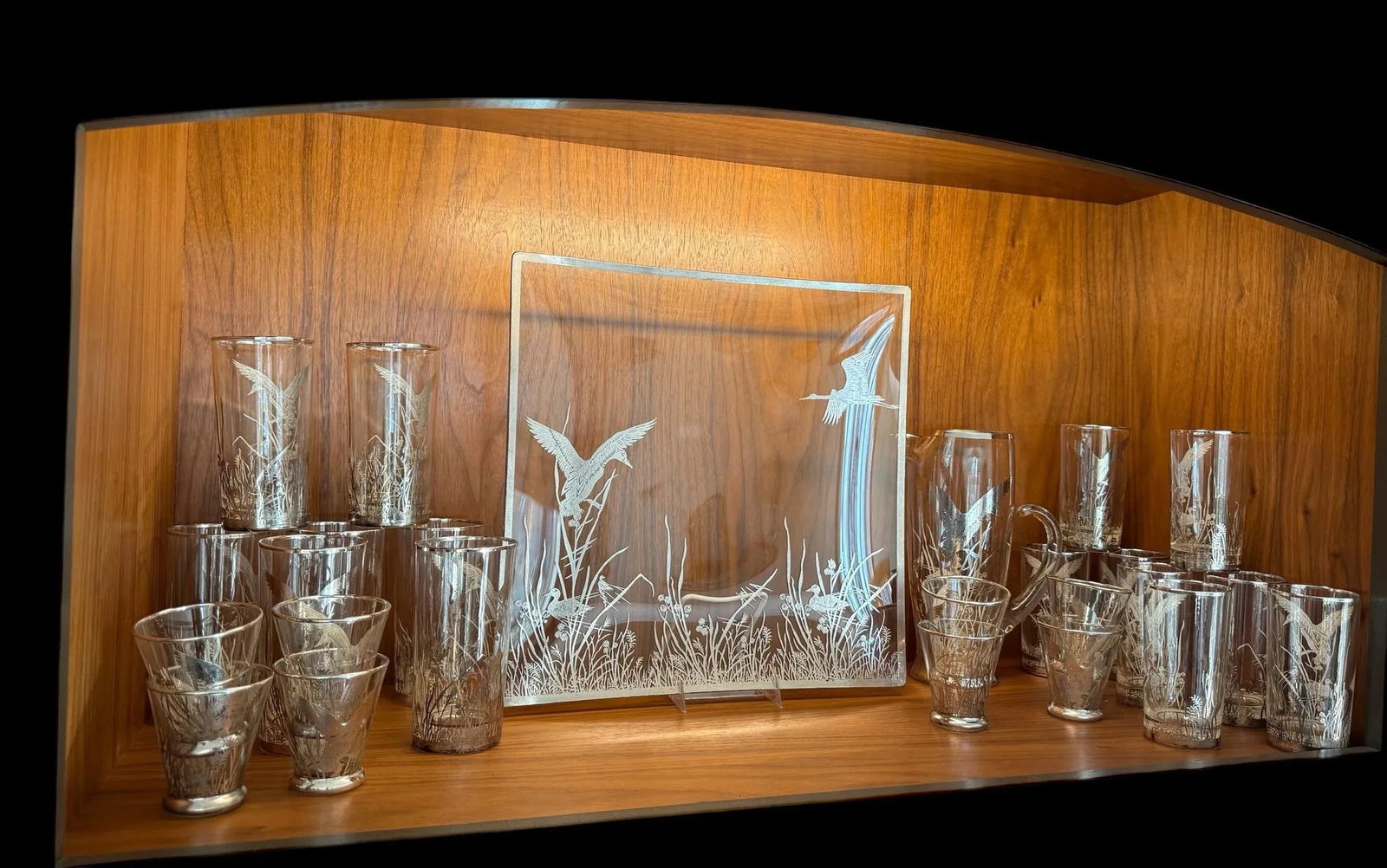 Mid 20th Century Barware Rockwell Silver Glass Ducks & Reeds Sterling Silver Overlay Set of 25 With - 2