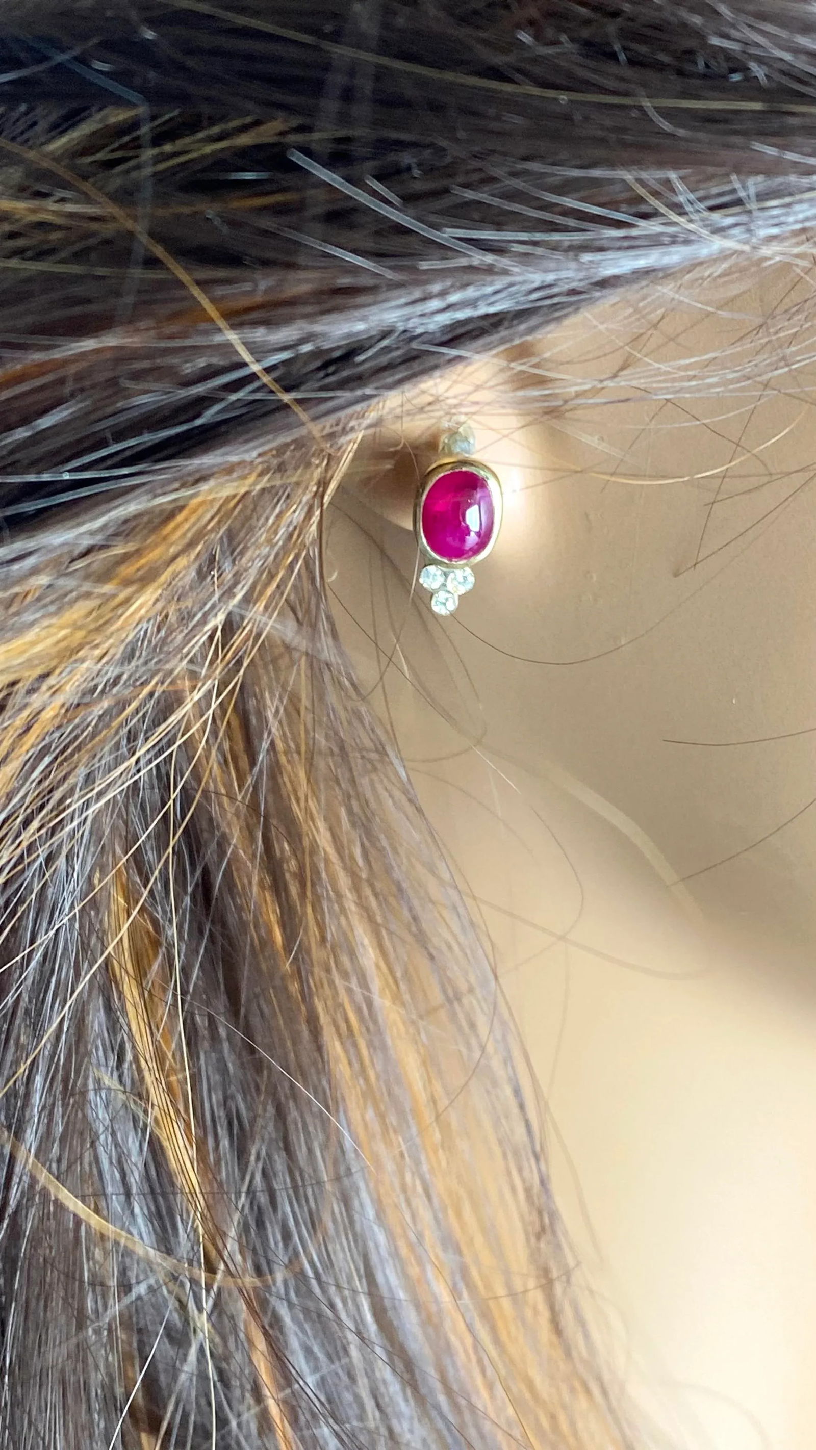 14k Yellow Gold Burma Cabochon Ruby and Diamond Bezel Set Stud Earrings, A Pair - 2