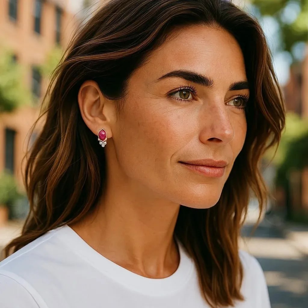 14k Yellow Gold Burma Cabochon Ruby and Diamond Bezel Set Stud Earrings, A Pair - 3