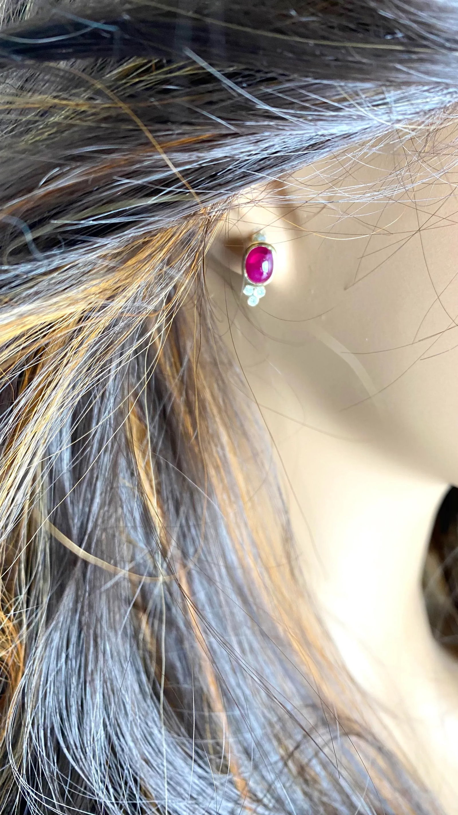 14k Yellow Gold Burma Cabochon Ruby and Diamond Bezel Set Stud Earrings, A Pair - 6