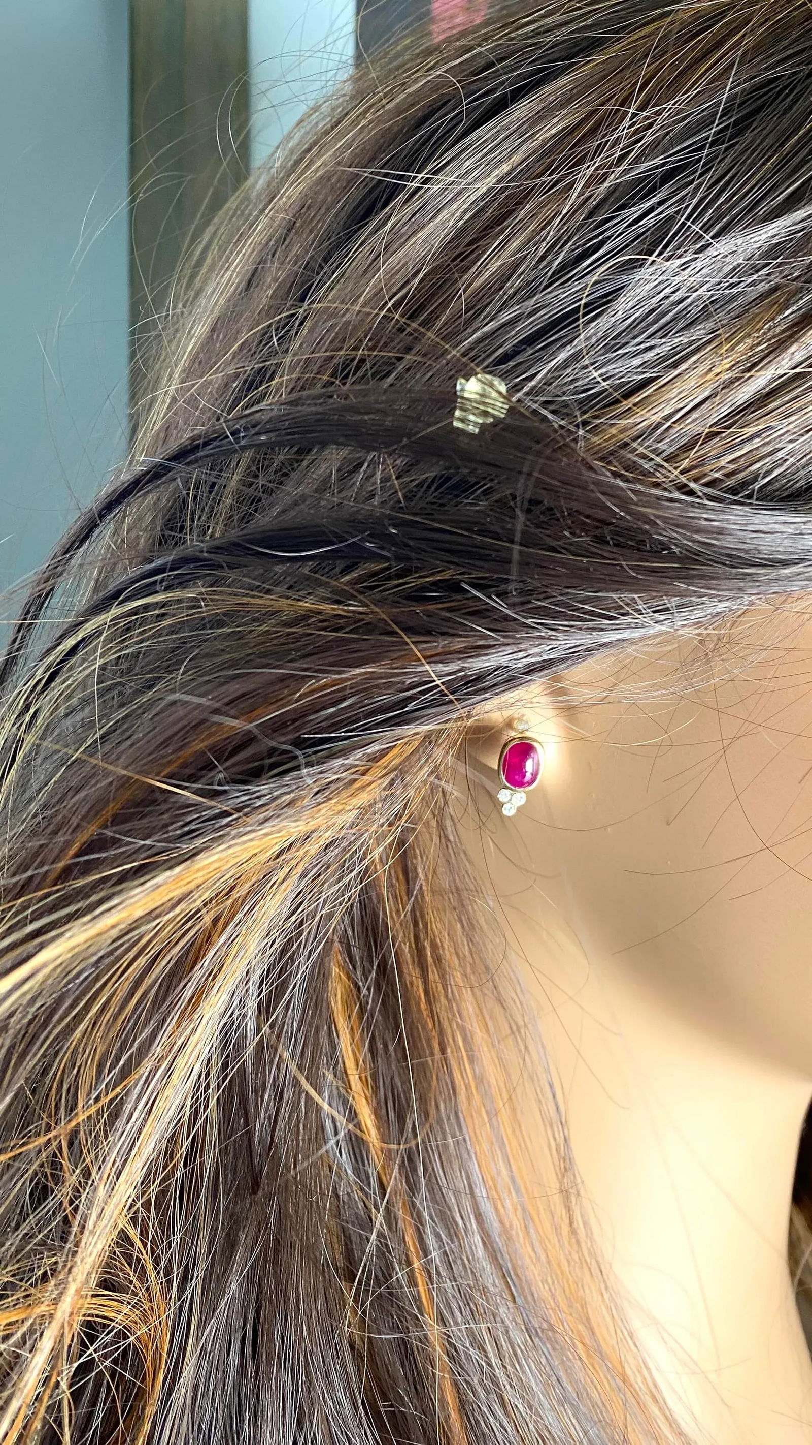 14k Yellow Gold Burma Cabochon Ruby and Diamond Bezel Set Stud Earrings, A Pair - 7