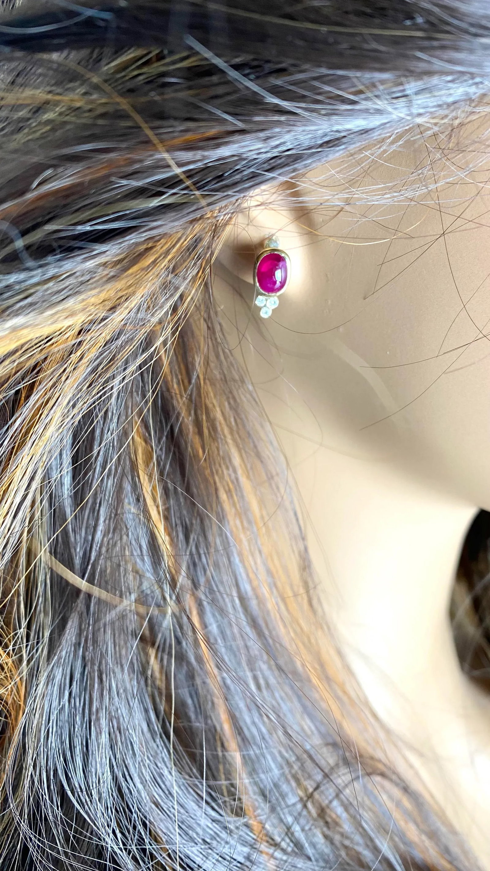 14k Yellow Gold Burma Cabochon Ruby and Diamond Bezel Set Stud Earrings, A Pair - 8