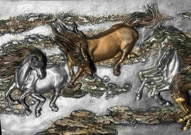 Large 3-D Relief Art Work Metallic Painted Fiberglass Images - Horses Running Through Water - 2
