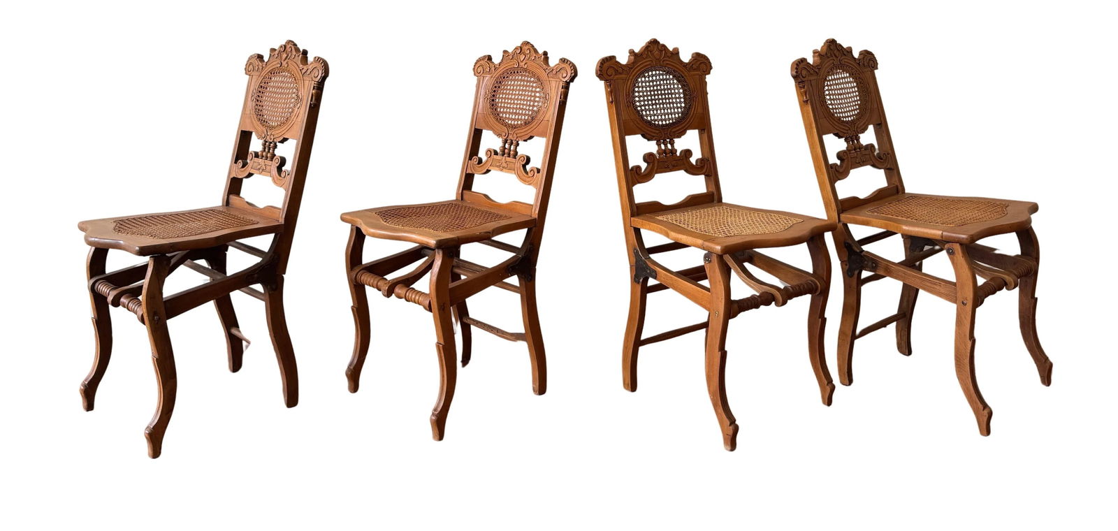 Late 19th Century French Renaissance Revival Cane Folding Chairs in Oak - Set of Four - 2