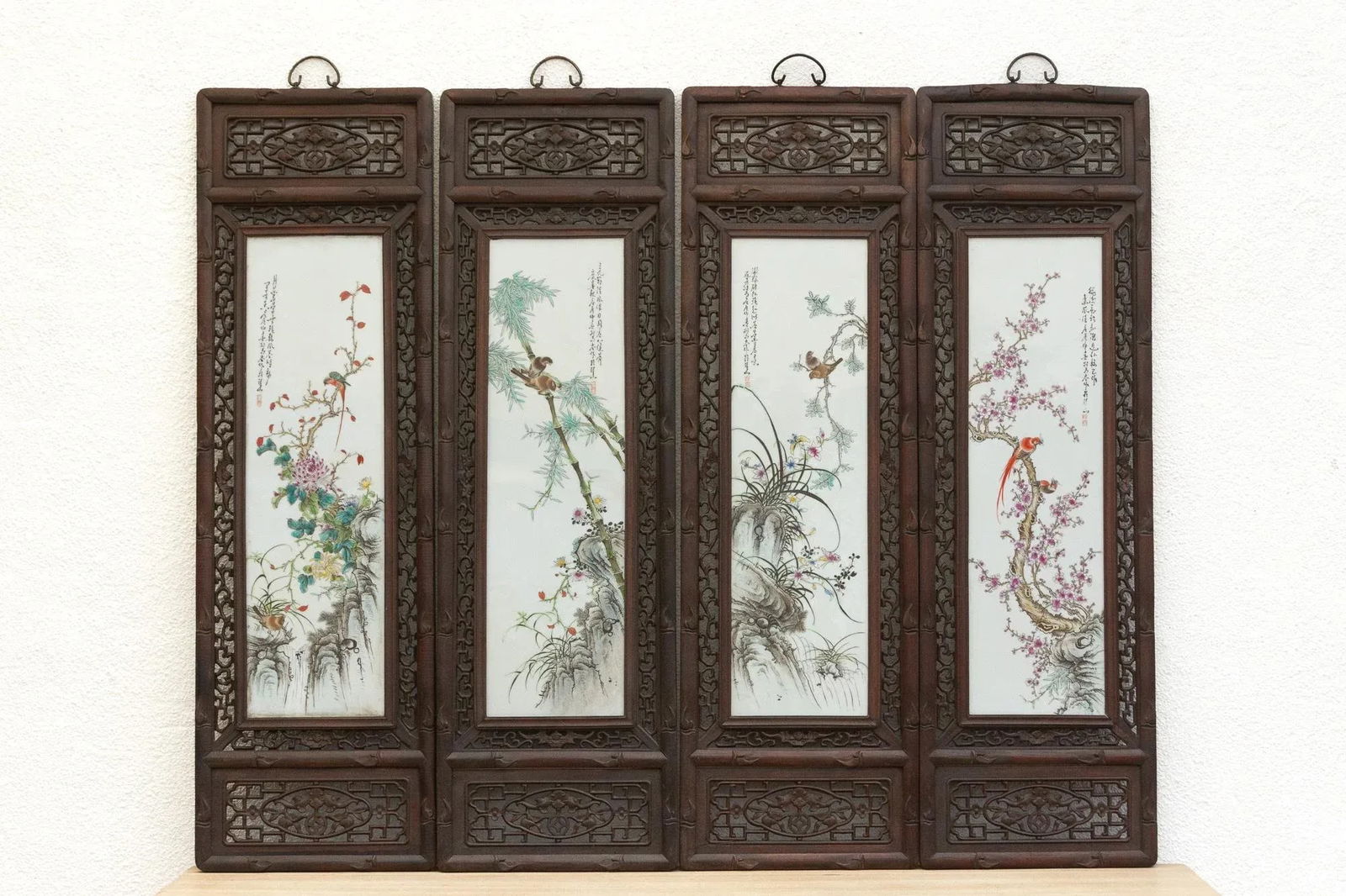 Set of 4, Finely Carved Chinese Wall Porcelain Panels - 2