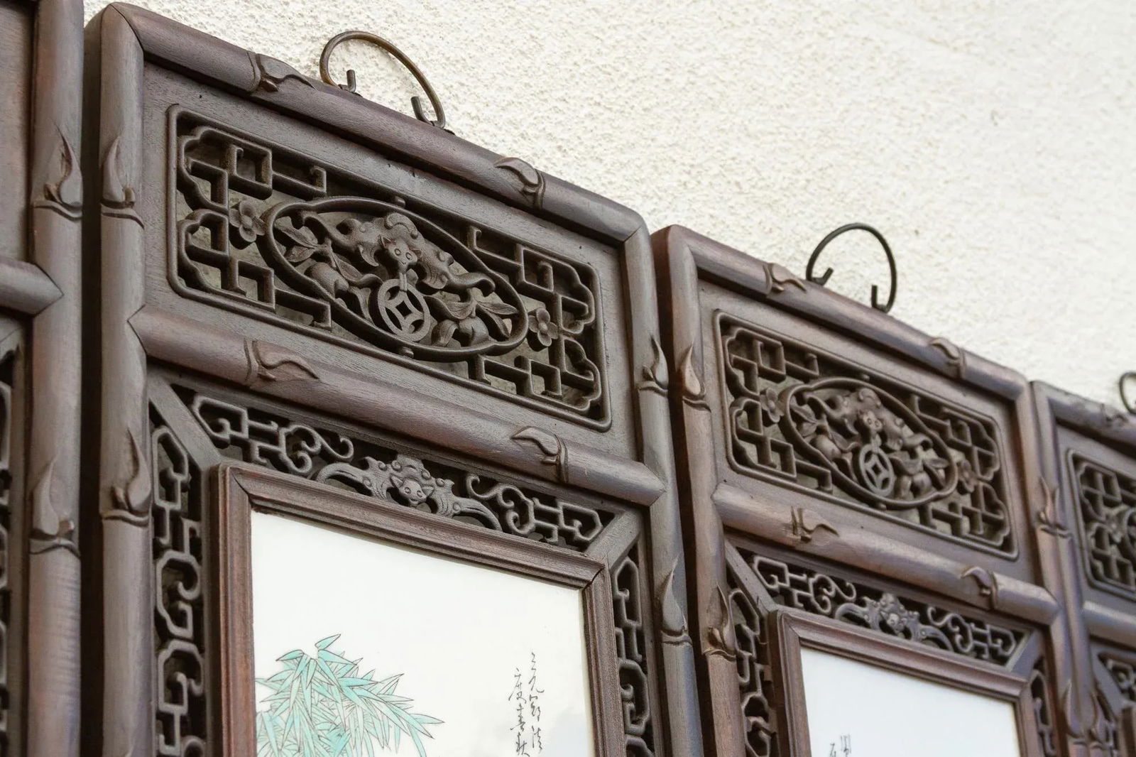 Set of 4, Finely Carved Chinese Wall Porcelain Panels - 7