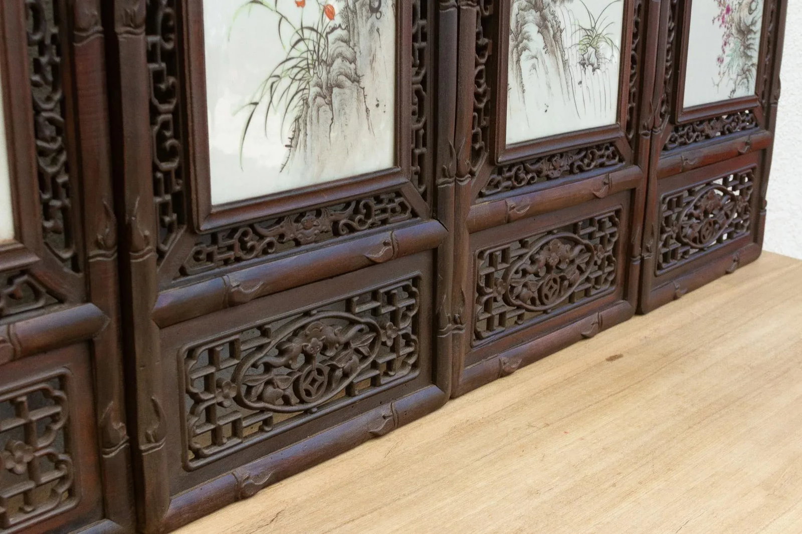 Set of 4, Finely Carved Chinese Wall Porcelain Panels - 8