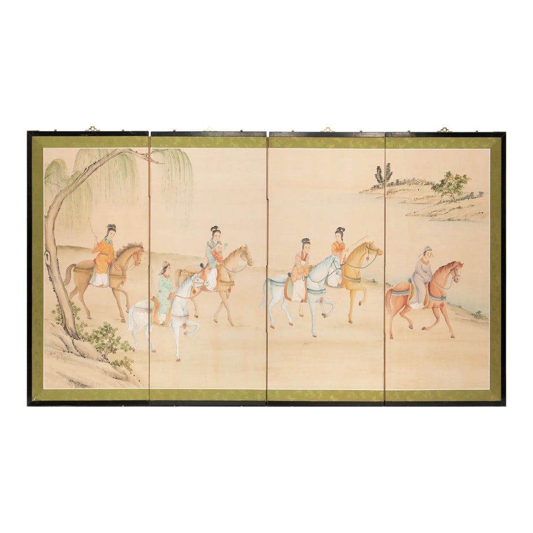 1970s Chinoiserie Four-Panel Painted Screen With Beautiful Horse Riders: Lovely vintage four-panel folding Chinoiserie Style screen, depicting landscape with beautiful Horse Riders. Unsigned. Gouache, ink and watercolor on paper. Silk border. Lacquered black wood frame wit