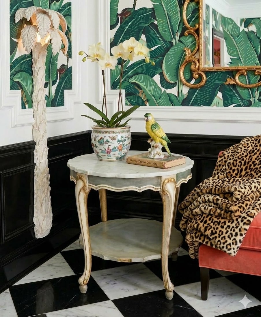 Vintage Hand-Painted Pale Blue & Marble Newly Painted Two-Tier Accent Table by Turtle and Crane - It - 13