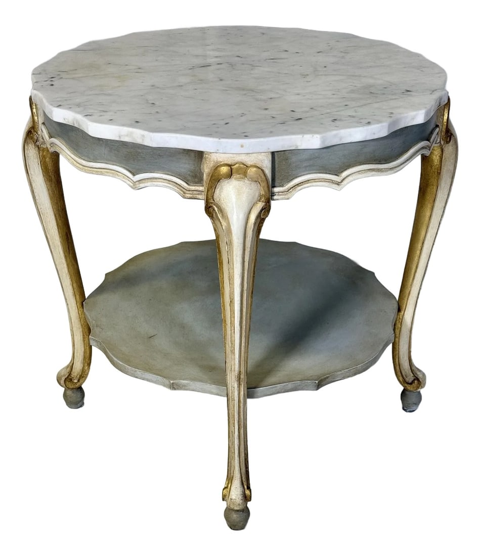 Vintage Hand-Painted Pale Blue & Marble Newly Painted Two-Tier Accent Table by Turtle and Crane - It: Crafted in Italy and completely transformed by Turtle and Crane, this exquisite two-tiered marble top accent table brings a breath of fresh air and bespoke luxury to classic European design. Every det