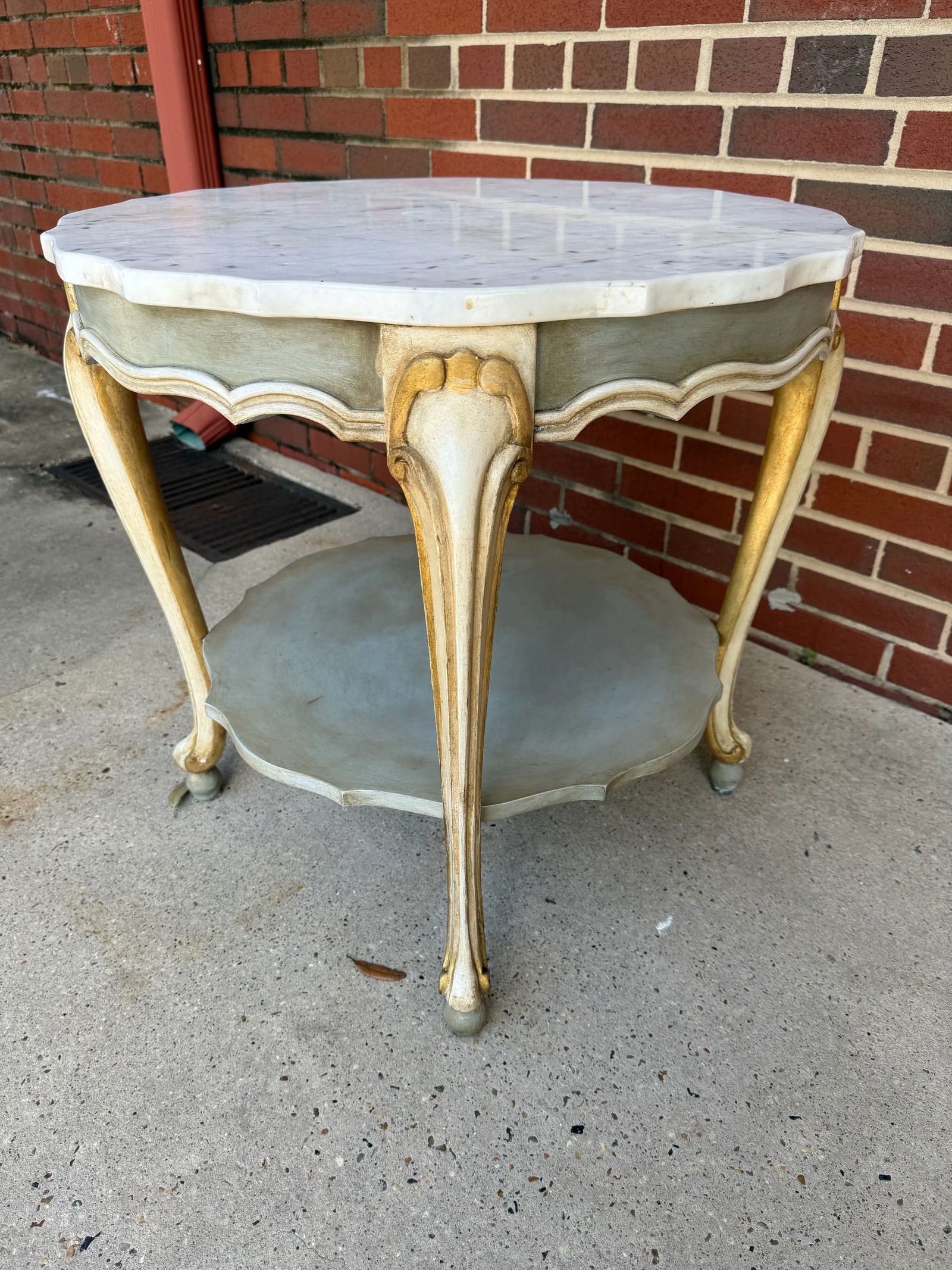 Vintage Hand-Painted Pale Blue & Marble Newly Painted Two-Tier Accent Table by Turtle and Crane - It - 2