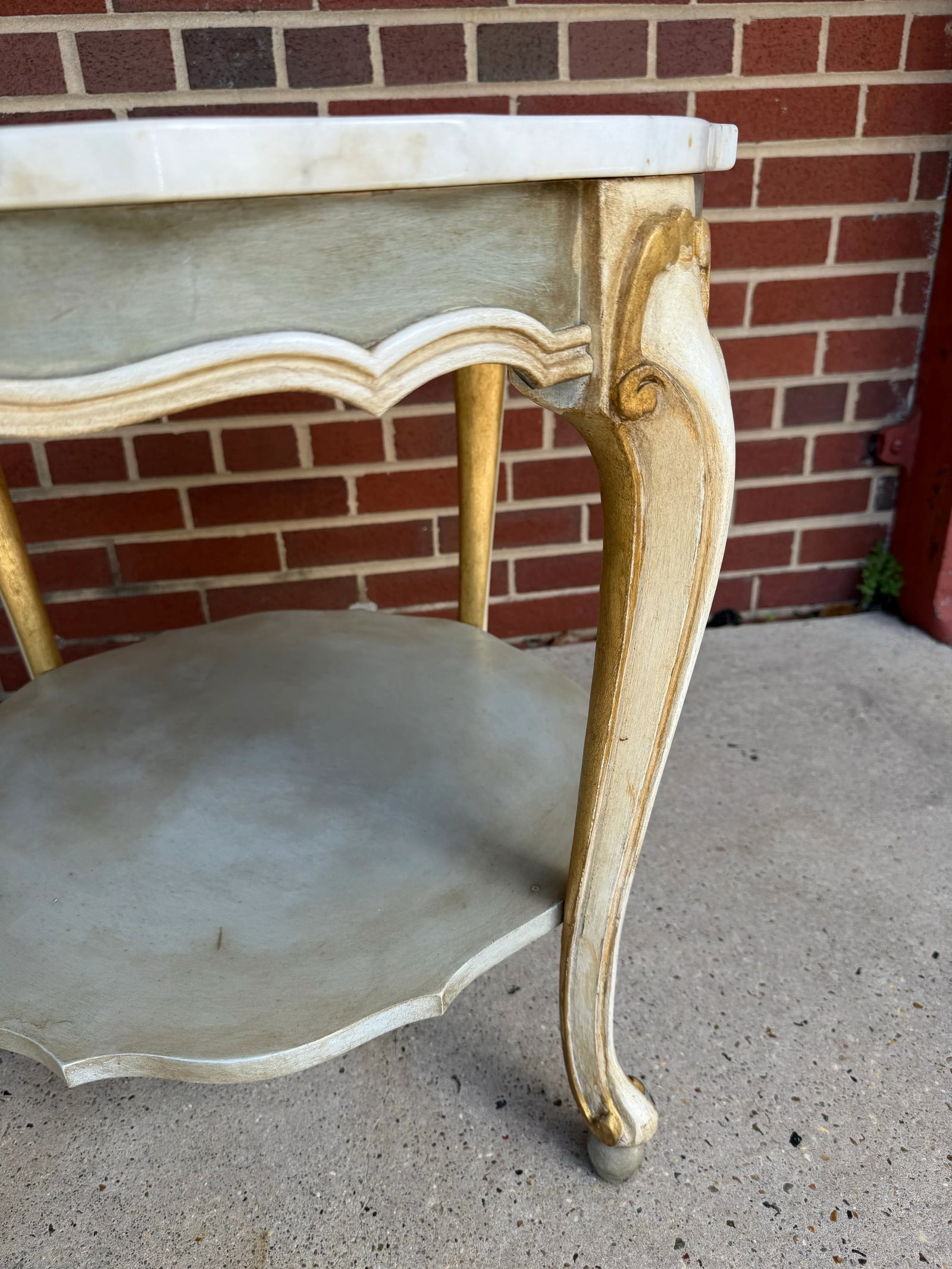 Vintage Hand-Painted Pale Blue & Marble Newly Painted Two-Tier Accent Table by Turtle and Crane - It - 7