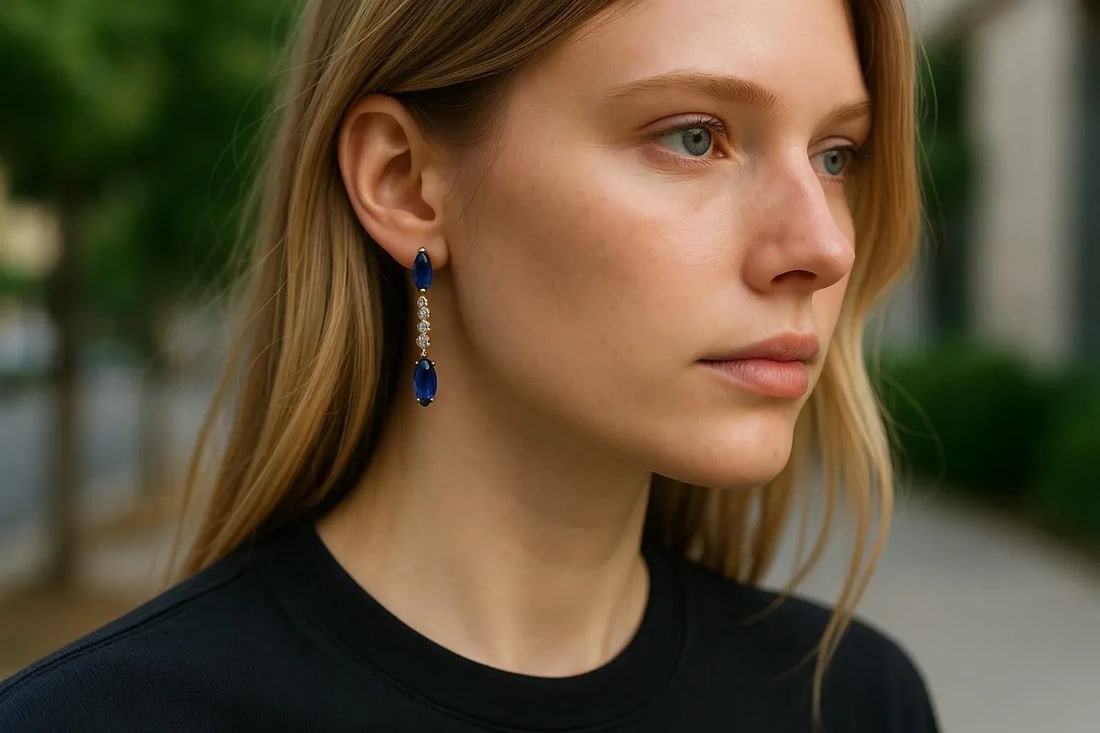 14k Yellow Gold Ceylon Marquise Sapphire and Diamond Lariat Drop Earrings - Set of 2 - 2