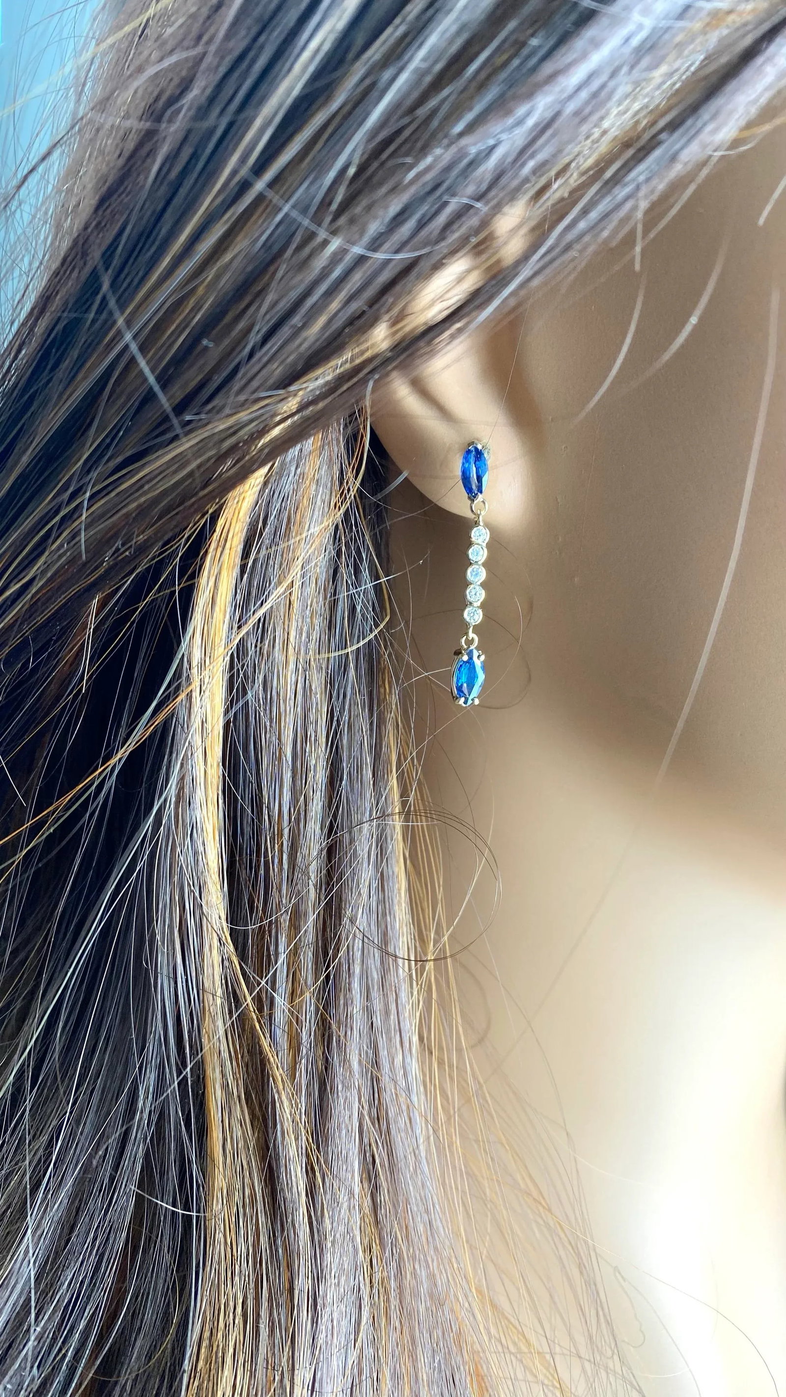 14k Yellow Gold Ceylon Marquise Sapphire and Diamond Lariat Drop Earrings - Set of 2 - 4