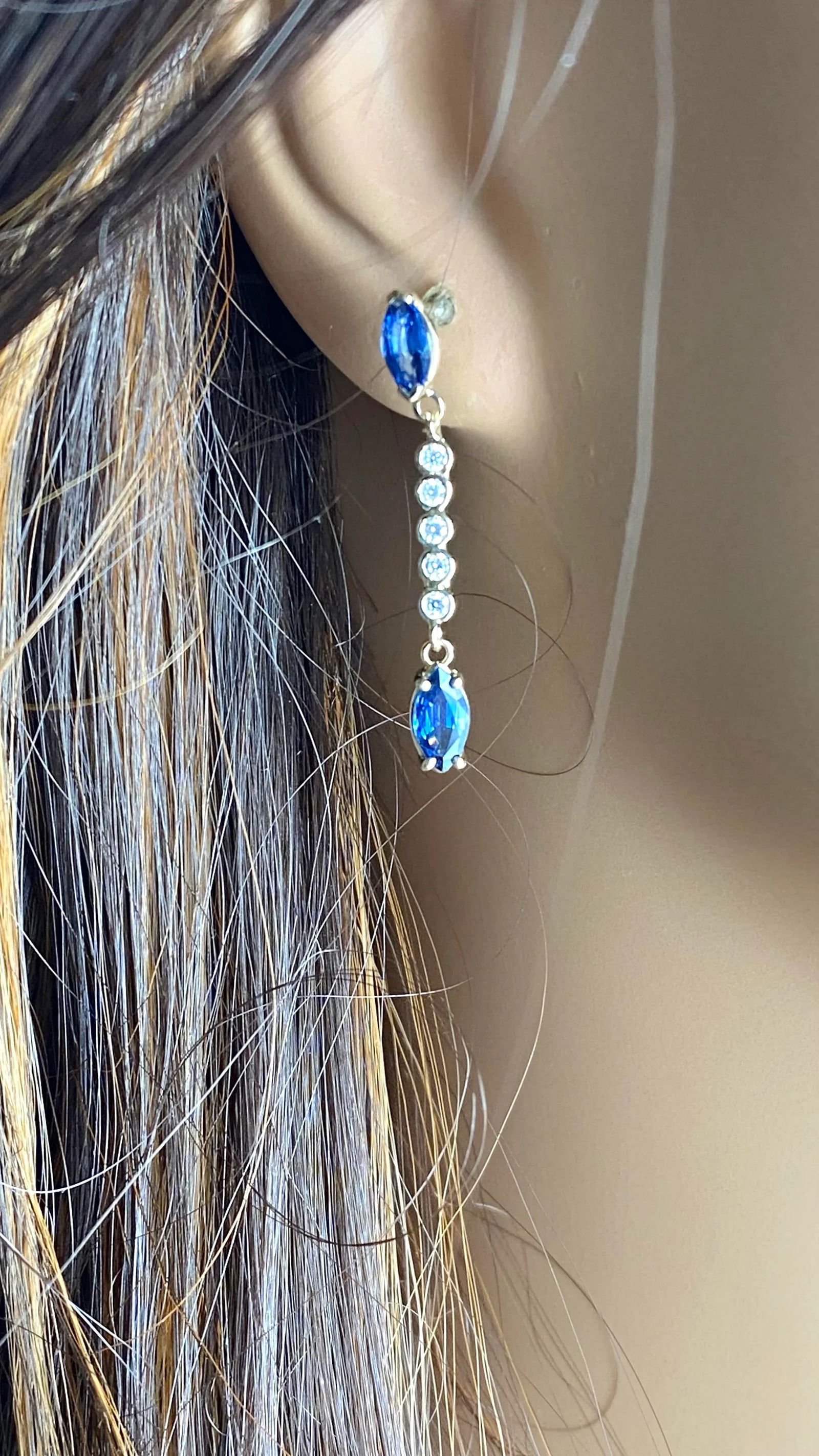 14k Yellow Gold Ceylon Marquise Sapphire and Diamond Lariat Drop Earrings - Set of 2 - 7