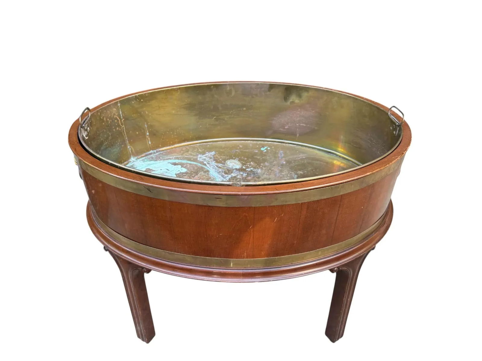 Late 20th Century George III Mahogany Oval Brass Bound Wine Cooler or Plant Stand With Lion Head Han - 2