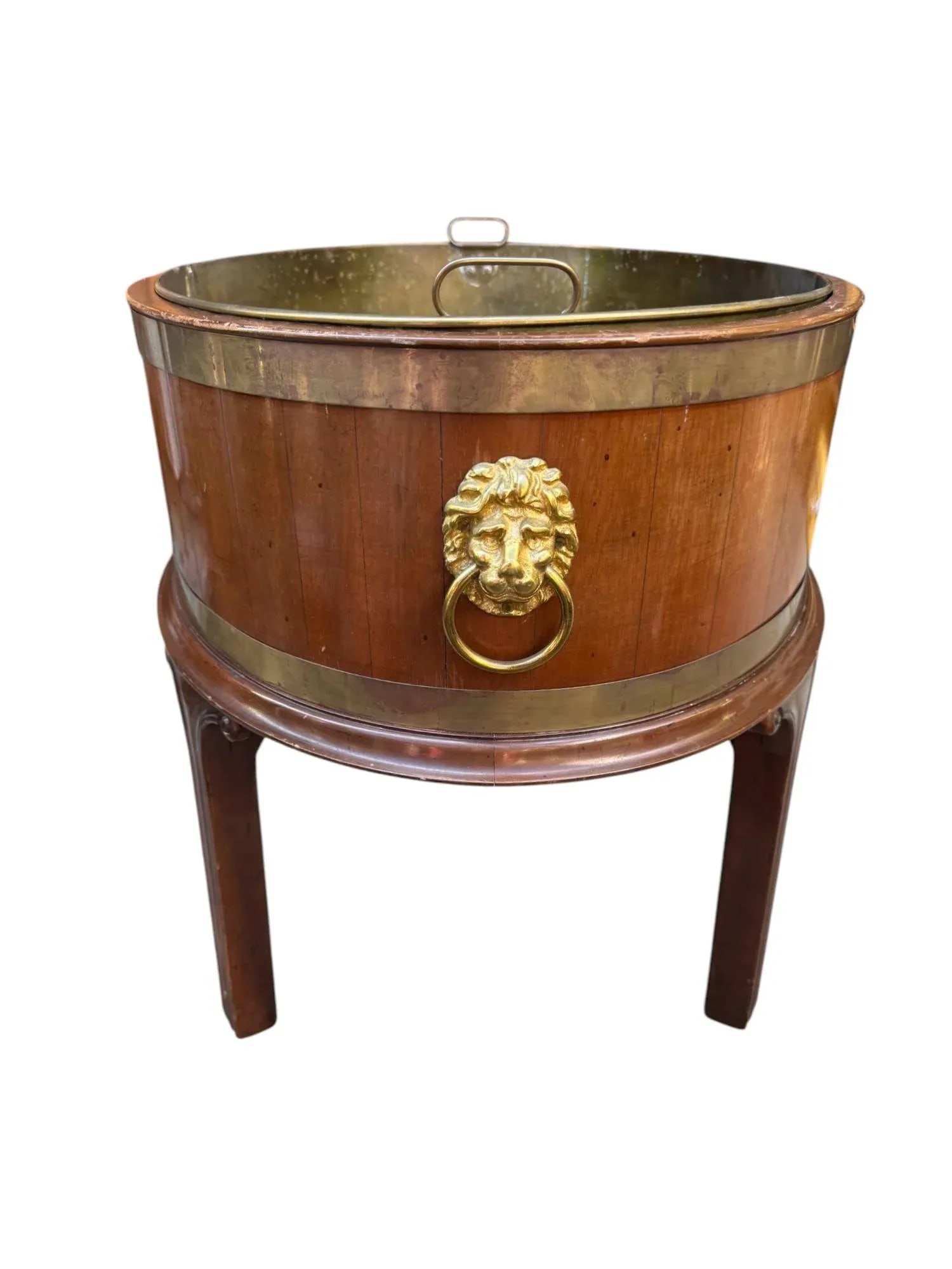 Late 20th Century George III Mahogany Oval Brass Bound Wine Cooler or Plant Stand With Lion Head Han - 5