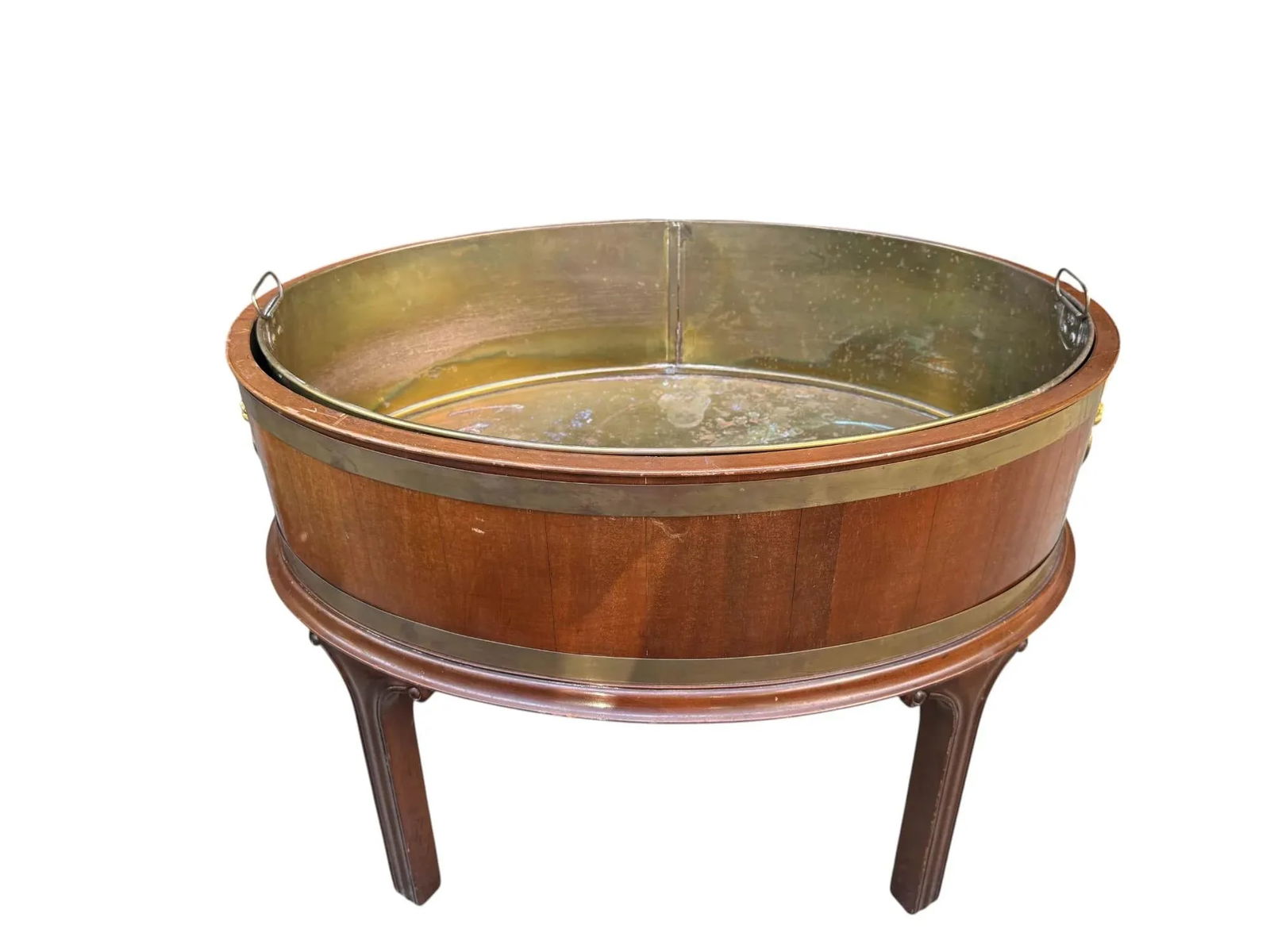 Late 20th Century George III Mahogany Oval Brass Bound Wine Cooler or Plant Stand With Lion Head Han - 7