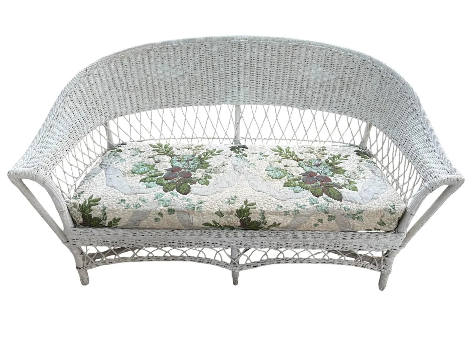 Antique White Wicker Loveseat, Side Chair, and Coffee Table With Quilted Upholstery, 3 Pieces - 2