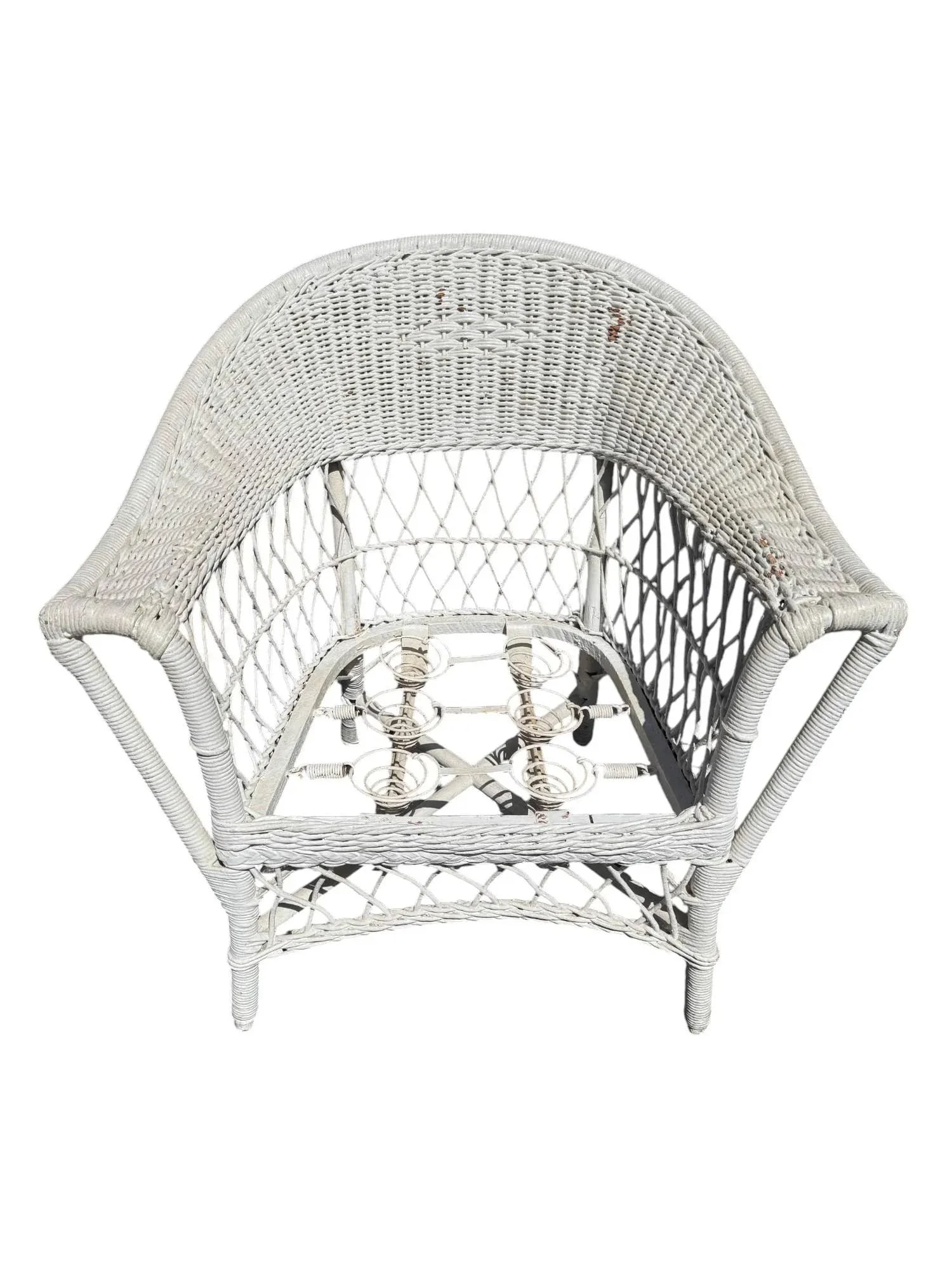 Antique White Wicker Loveseat, Side Chair, and Coffee Table With Quilted Upholstery, 3 Pieces - 5