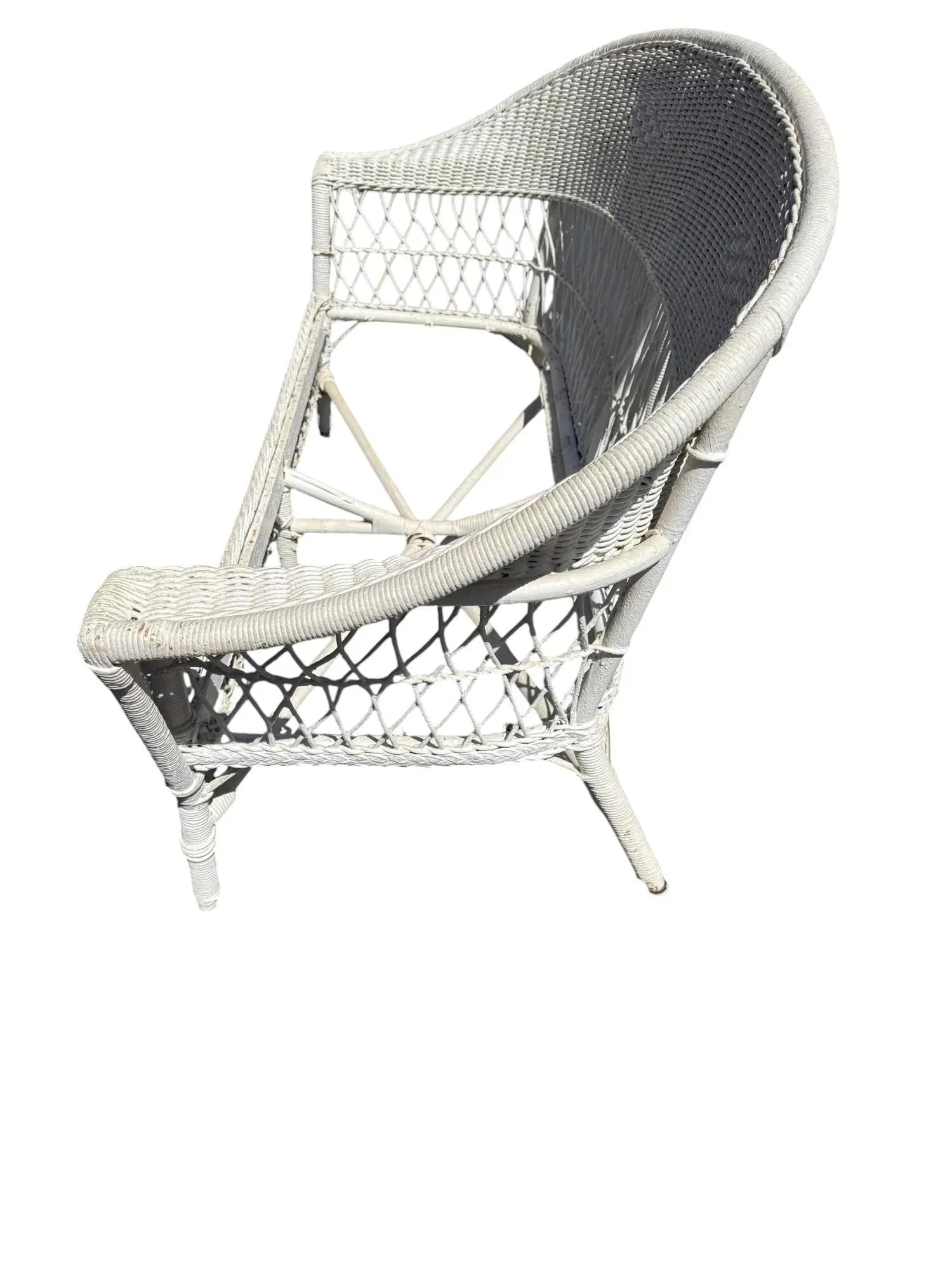 Antique White Wicker Loveseat, Side Chair, and Coffee Table With Quilted Upholstery, 3 Pieces - 7