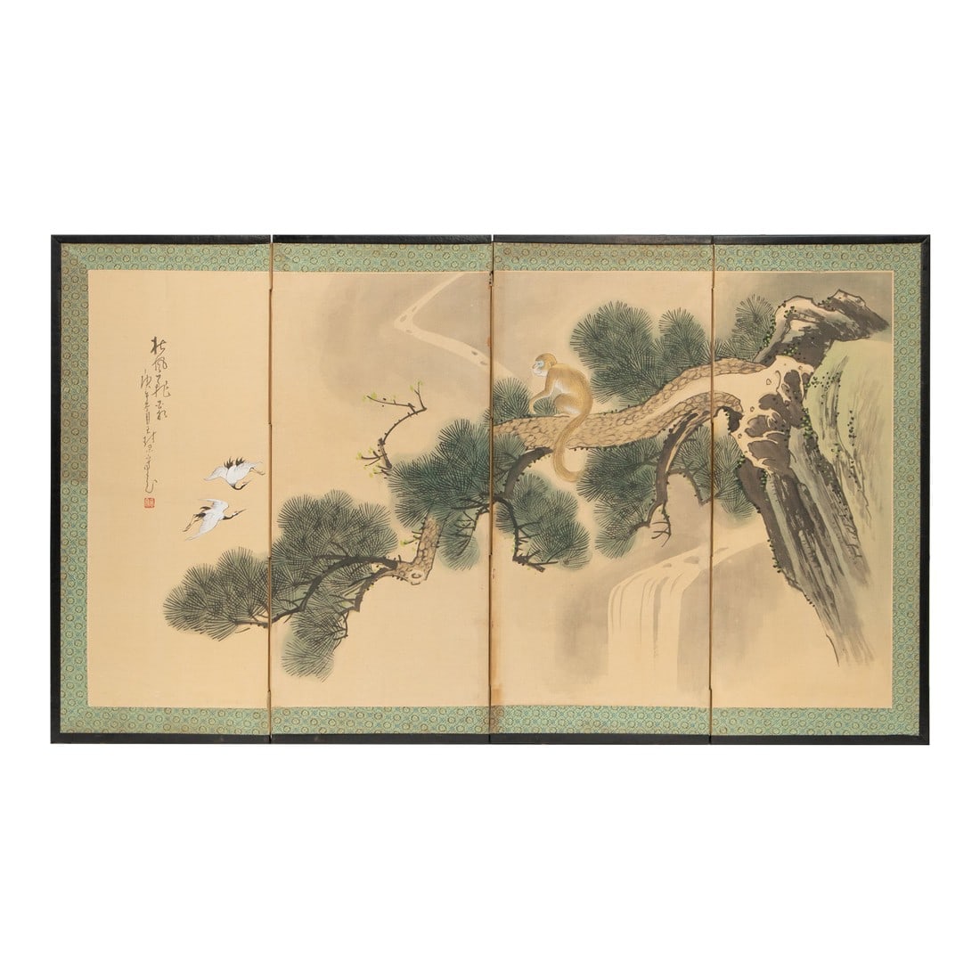 1960s Chinese Painted 4-Panel Screen "Old Pine Tree and Monkey": Beautifully aged vintage Chinese 4-panel painted folding screen, depicting a scene with Monkey seated on a branch of the big old Pine Tree, looking at two flying Red-Crowned Cranes. Signed and sealed