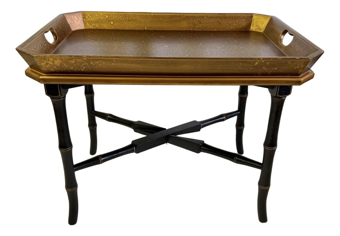 Vintage Hand Gilt Black and Gold Accent Butler's Tray Table With Faux Bamboo Legs by Lane: Elevate your home decor with this stunning vintage hand gilt butler's tray table, a remarkable piece by Lane that effortlessly combines functionality and elegance. This exquisite accent table features