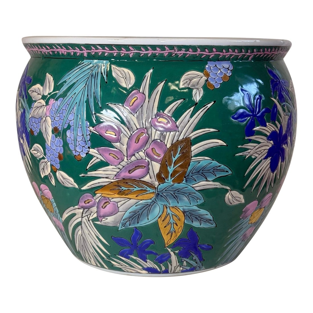 Vintage Hand-Painted Chinese Porcelain Koi Fish Bowl Planter - Tropical Floral Design With Metallic: Transform your living space with this stunning vintage hand-painted Chinese porcelain koi fish bowl planter, an exquisite piece that radiates charm and elegance. This high-quality planter is beautiful