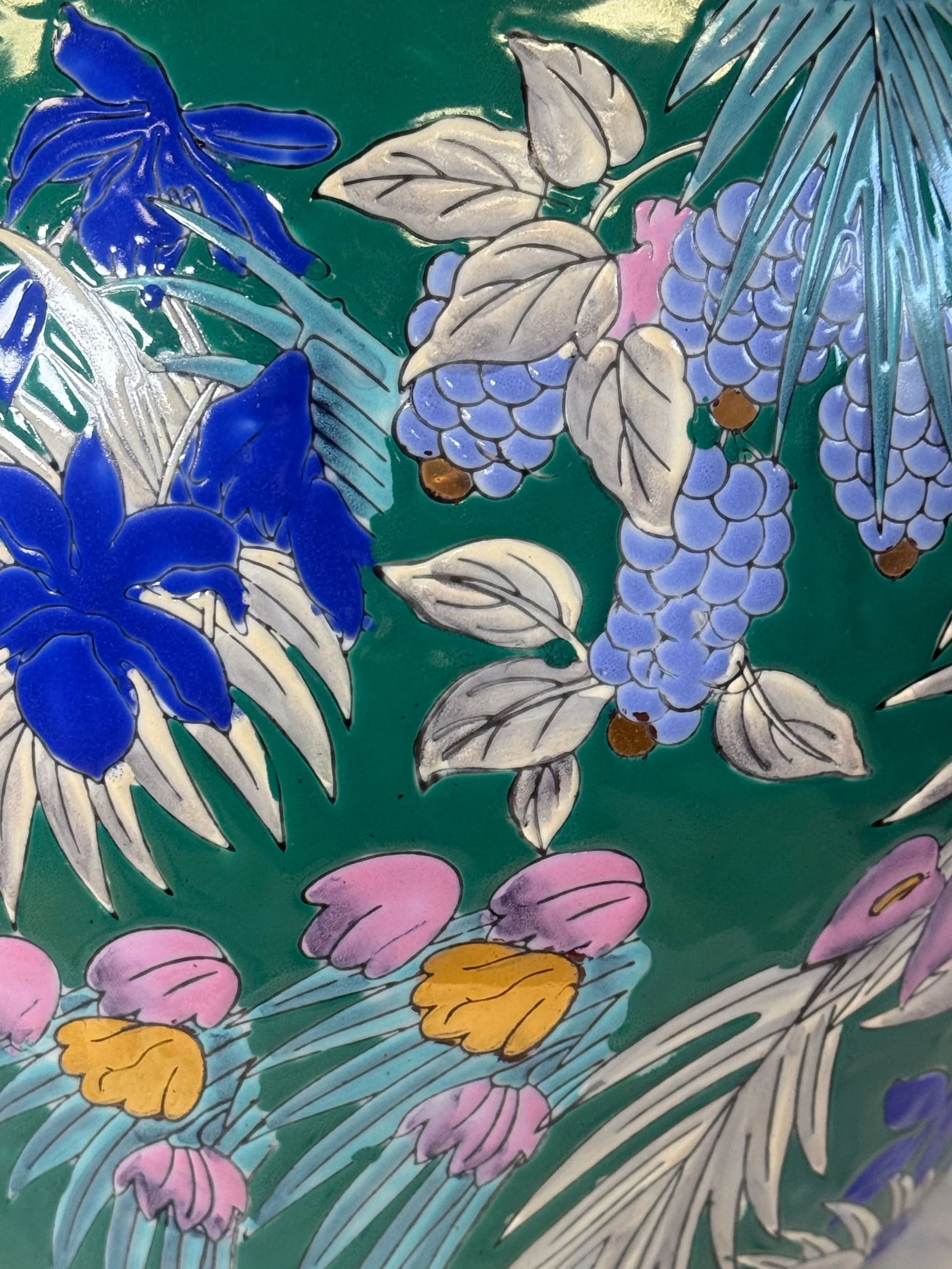 Vintage Hand-Painted Chinese Porcelain Koi Fish Bowl Planter - Tropical Floral Design With Metallic - 2