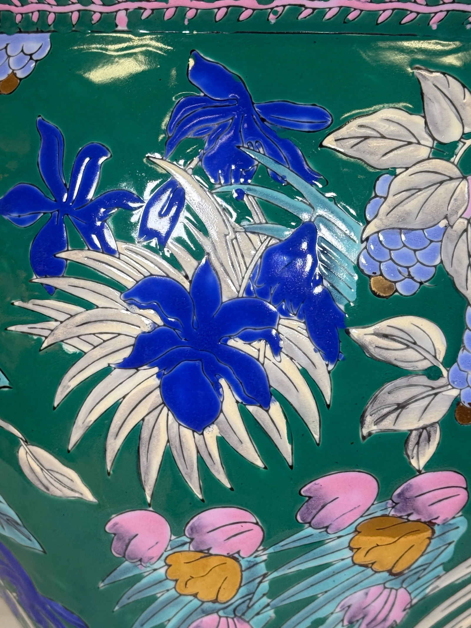 Vintage Hand-Painted Chinese Porcelain Koi Fish Bowl Planter - Tropical Floral Design With Metallic - 7