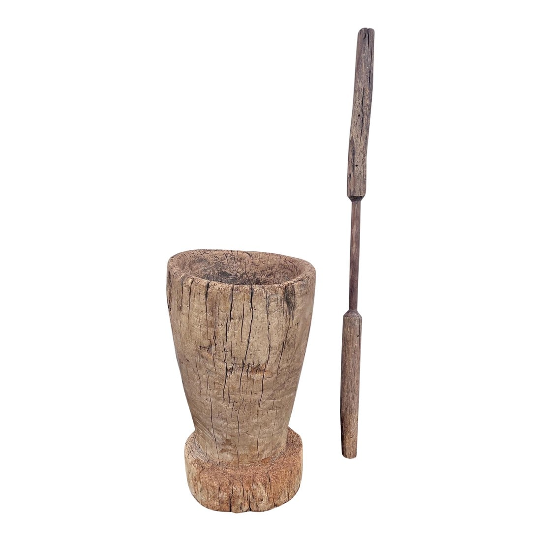 Large 19th Century Wooden Mortar & Pestle: Large 19th Century Wooden Mortar & Pestle /Spoon carved from a tree trunk 32.25" High x 18.50" Wide x 16.25" Deep Condition: Alterations: Original Condition Unaltered Imperfections: Some Imperfections