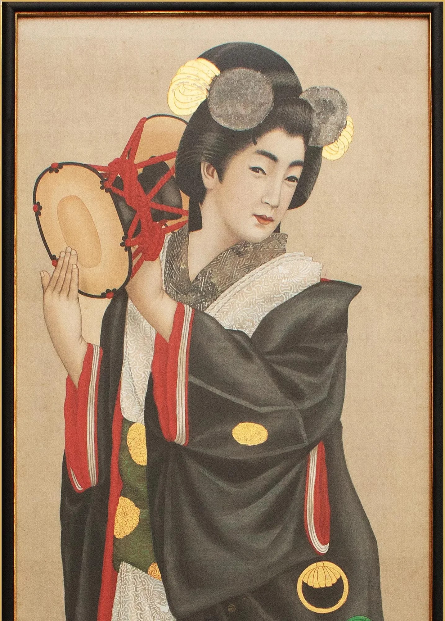 XL Meiji to Taisho Era Japanese Gold Leaf Portrait of a Young Woman on Silk, Framed - 2