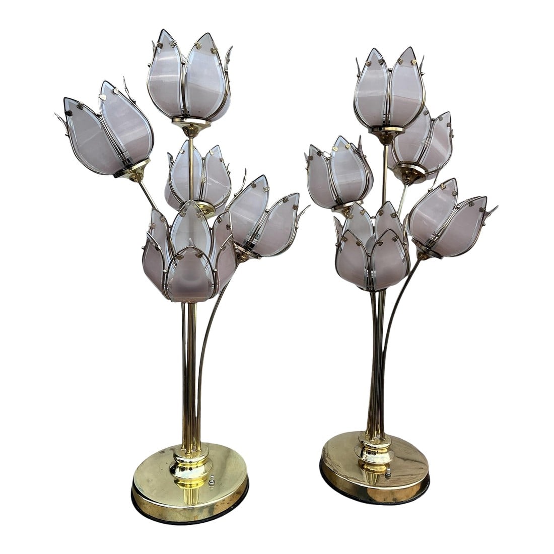 Pair of Italian Mid Century Glass and Brass Lotus Flower Table Lamps: Pair of Italian Mid Century (1970's) Table Lamps with Five Large Lotus Flower Shaped Lights. Condition: Alterations: Original Condition Unaltered Imperfections: Some Imperfections Condition Notes: Vin