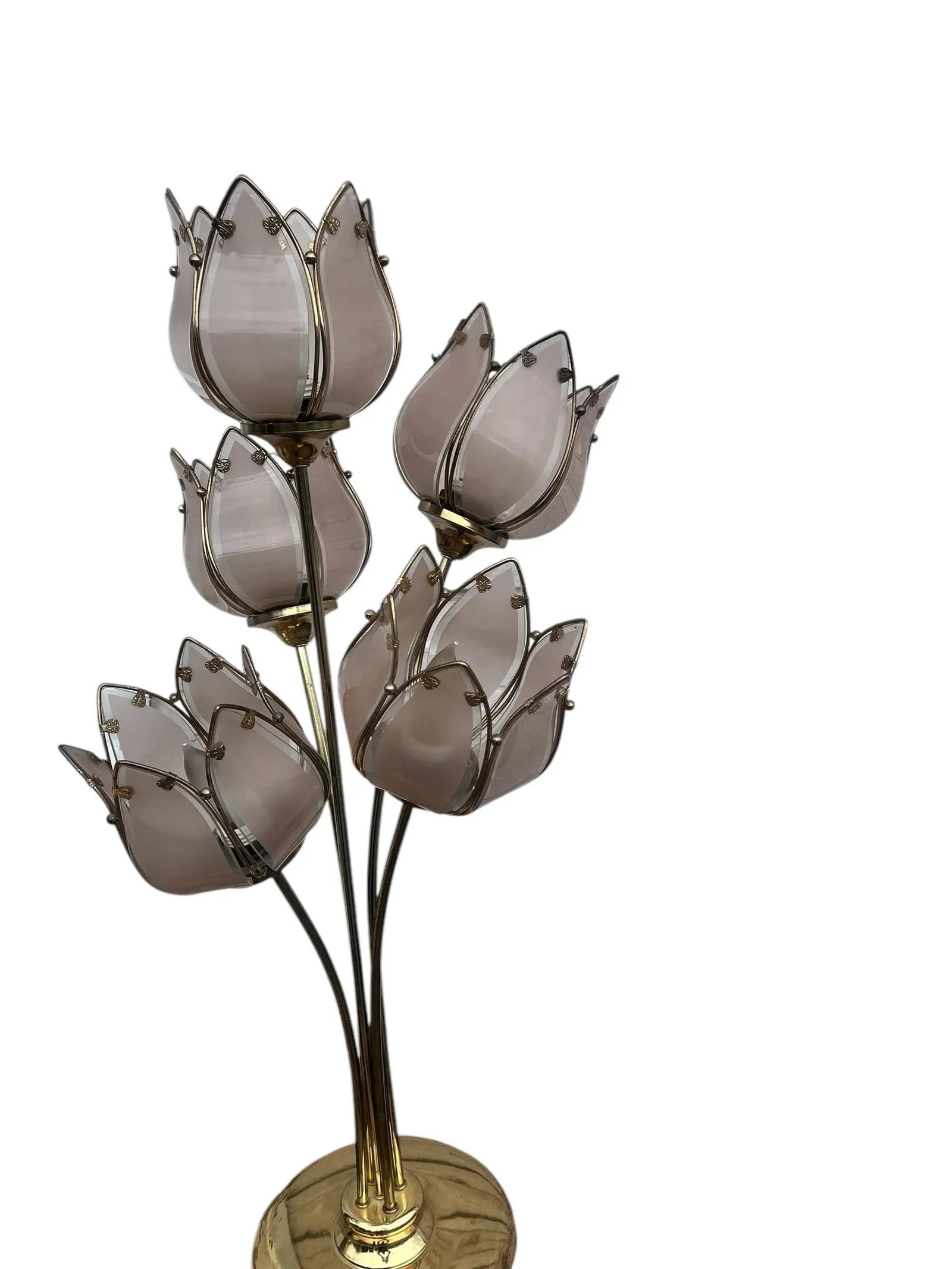 Pair of Italian Mid Century Glass and Brass Lotus Flower Table Lamps - 4