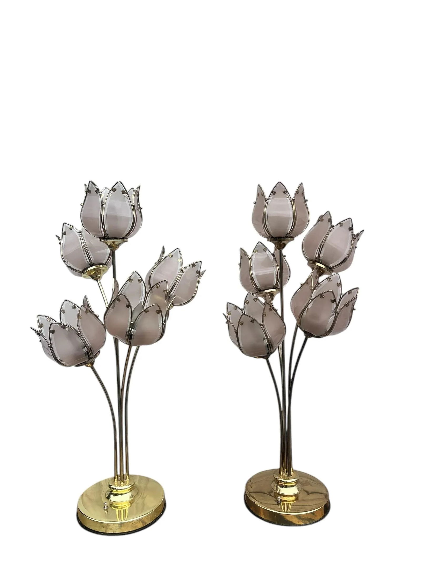 Pair of Italian Mid Century Glass and Brass Lotus Flower Table Lamps - 7