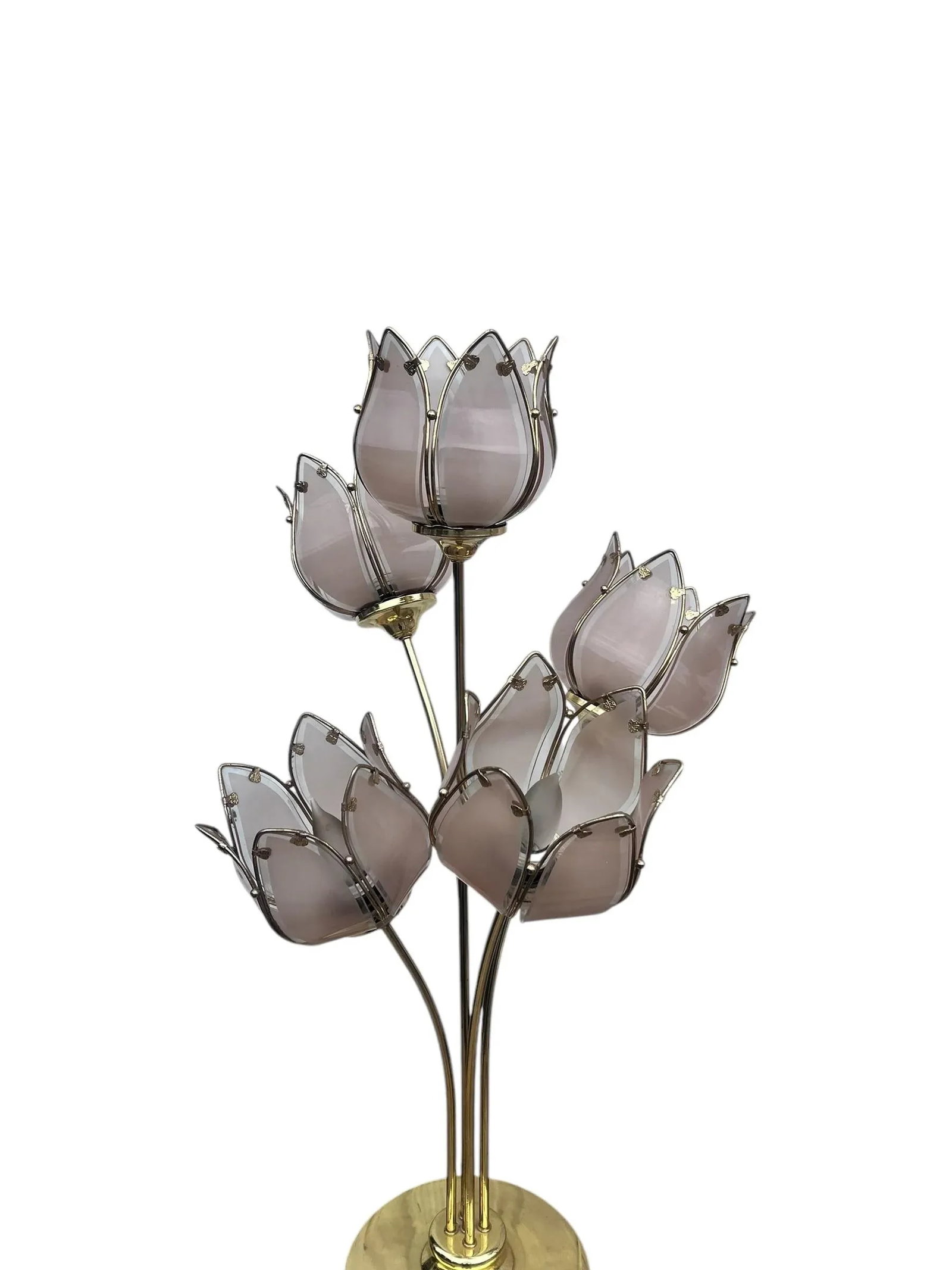 Pair of Italian Mid Century Glass and Brass Lotus Flower Table Lamps - 8