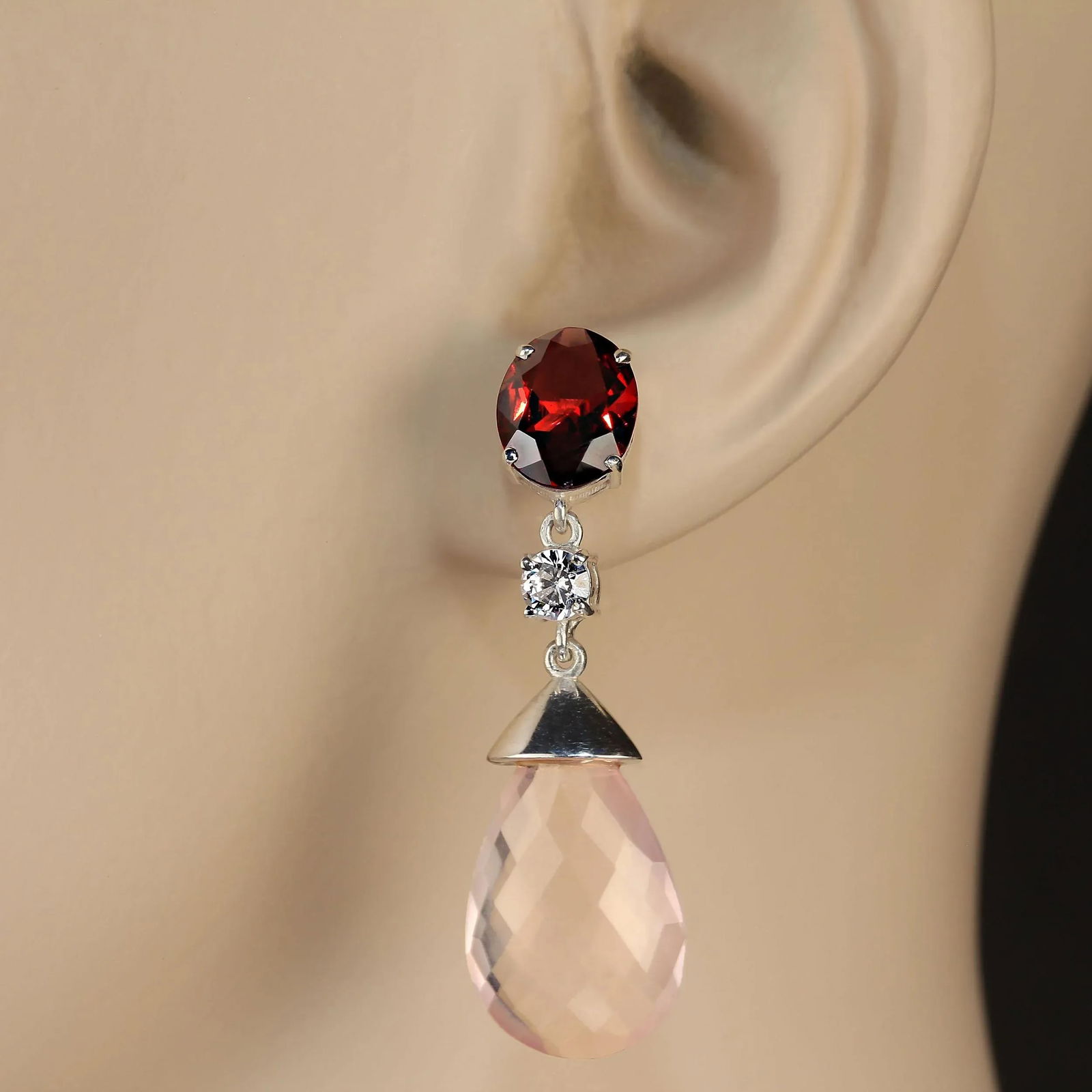 Ajd Romantic Rose Quartz and Garnet in Sterling Silver Earrings, A Pair - 2