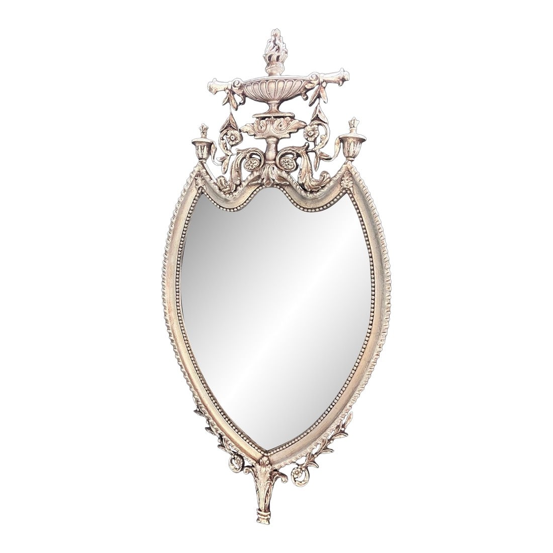 Friedman Brothers Silver Decorated Urn Top Mirror, 1920's: Beautiful Freeman Brothers Silver Decorated Urn Top Wall Mirror. 1920's in surprisingly good vintage condition. Excellent edition for any home or office. Condition: Alterations: Original Condition Una