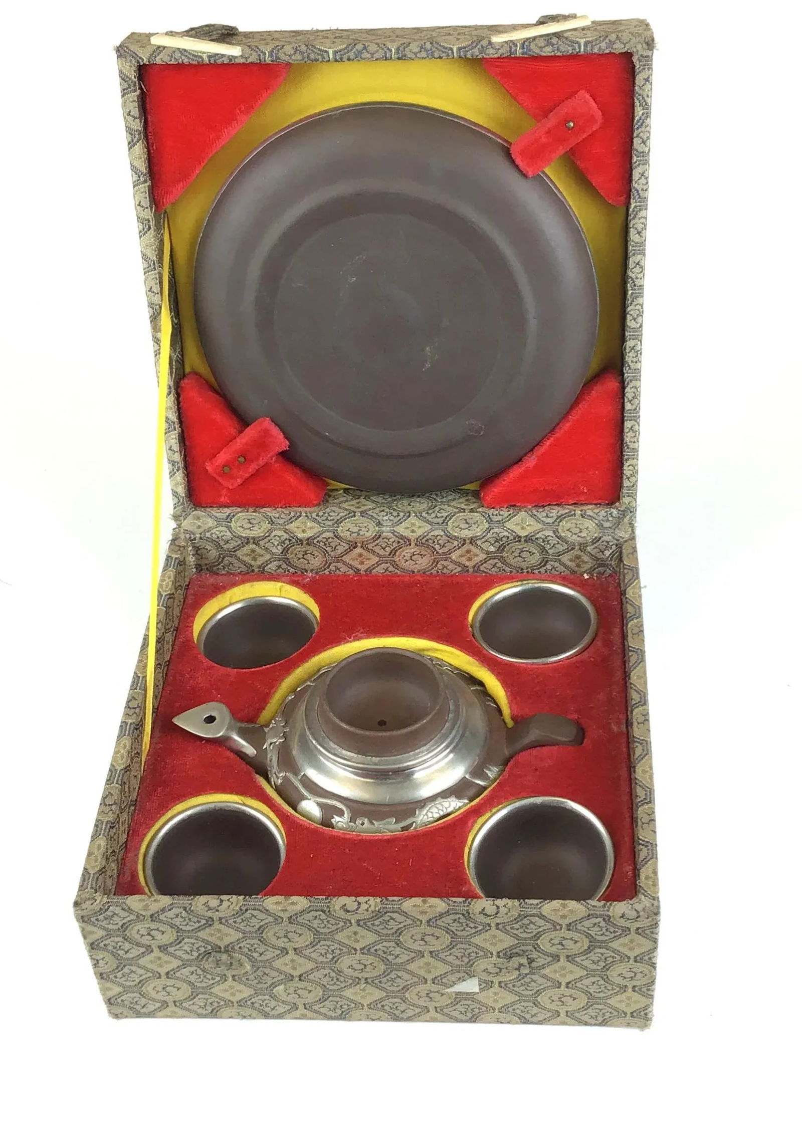 Vintage Chinese Yixing Zisha Teapot Set with Silver Tone Overlay - 6 Pieces - 3