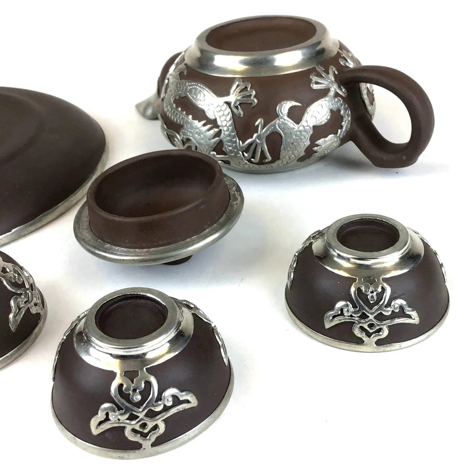 Vintage Chinese Yixing Zisha Teapot Set with Silver Tone Overlay - 6 Pieces - 9