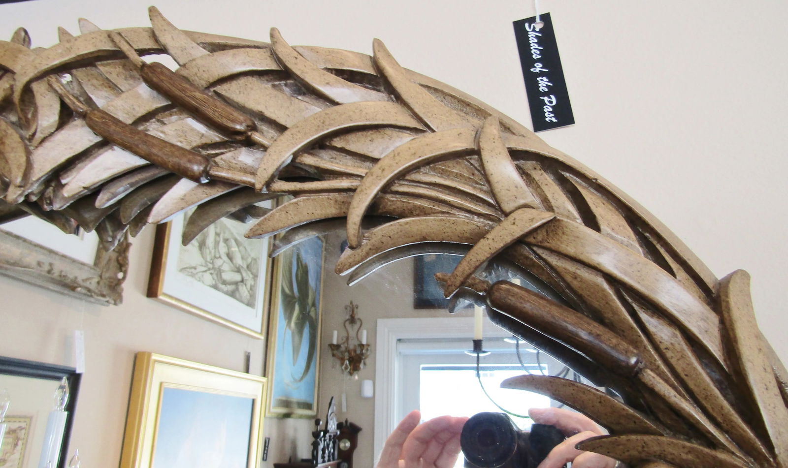 Rare Large Circa 1960s Italian Hand Carved Wood Cattail Mirror, Hollywood Regency - 2