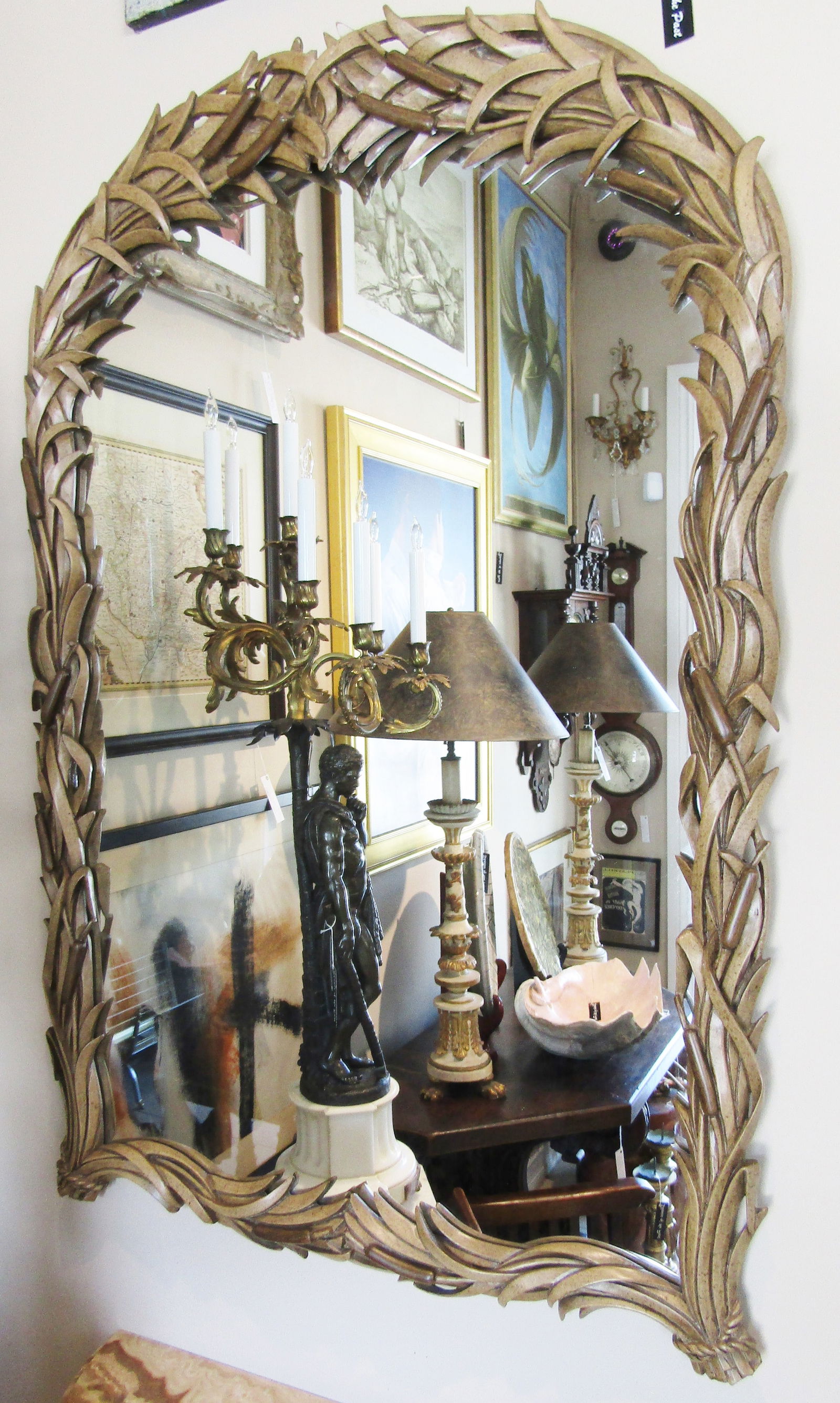 Rare Large Circa 1960s Italian Hand Carved Wood Cattail Mirror, Hollywood Regency - 3