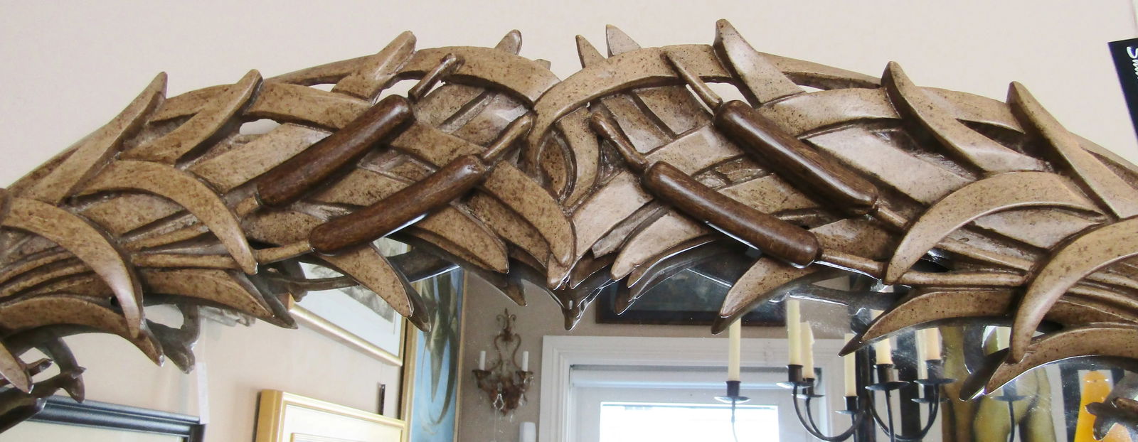 Rare Large Circa 1960s Italian Hand Carved Wood Cattail Mirror, Hollywood Regency - 4