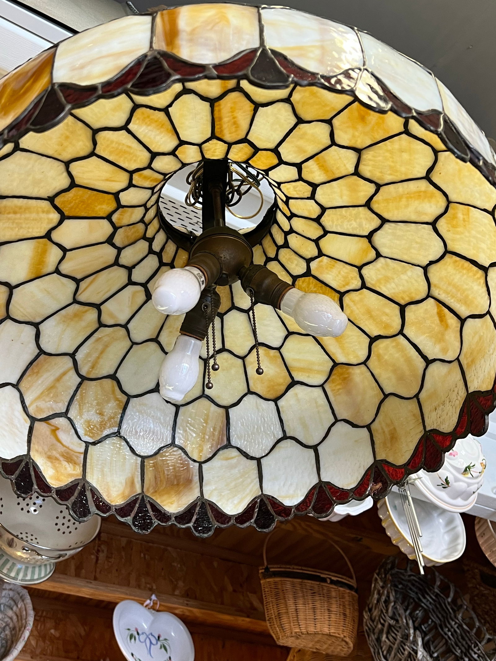 1970s Vintage Large Slag Glass Hanging Pendant Chandelier Light - 2