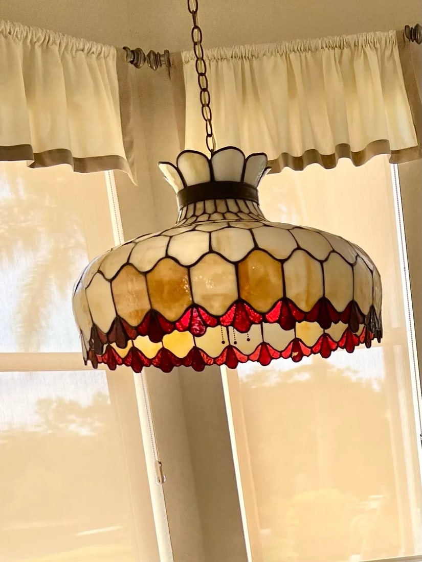 1970s Vintage Large Slag Glass Hanging Pendant Chandelier Light - 7